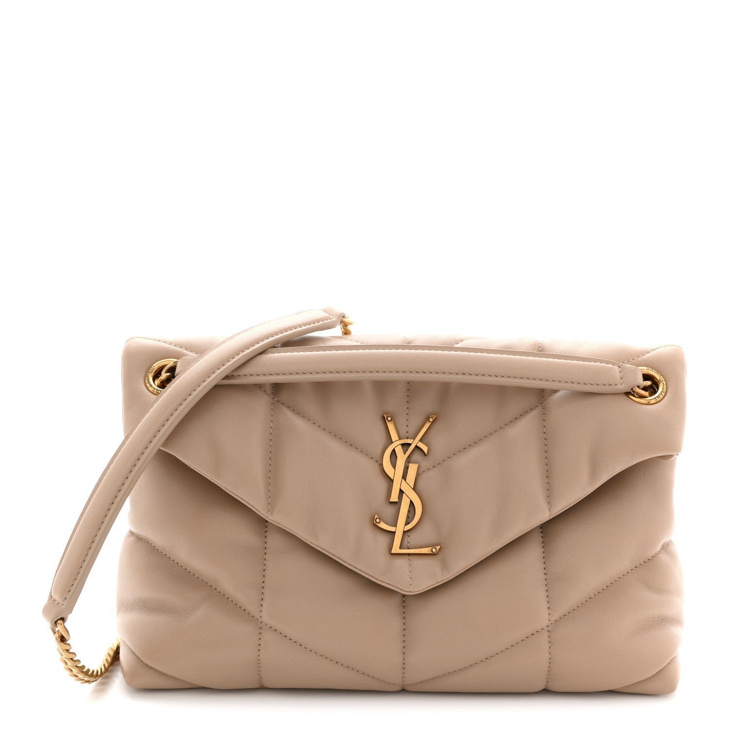 Saint Laurent Lambskin Quilted Small Loulou Puffer Monogram Chain Satchel Dark Beige