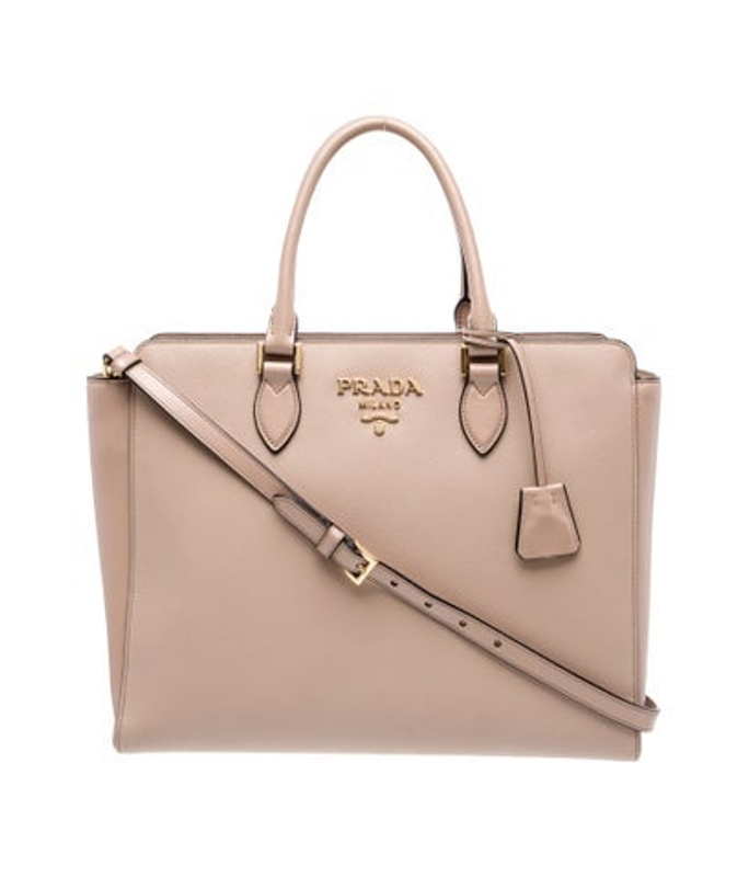 Prada Saffiano Leather Saffiano Lux Shoulder Bag Medium Tote Beige Leather