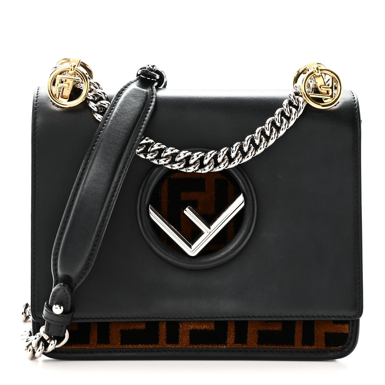 Fendi Vitello Century Velvet F is Fendi FF Small Kan I Shoulder Bag Black Tobacco
