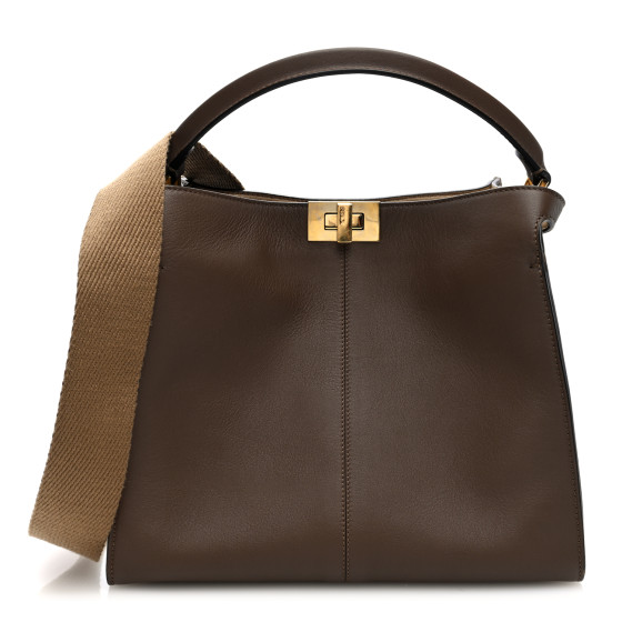 Fendi Vitello Seta Glazed Fabric FF 1974 Medium Peekaboo X-Lite Maya Mogano Panna