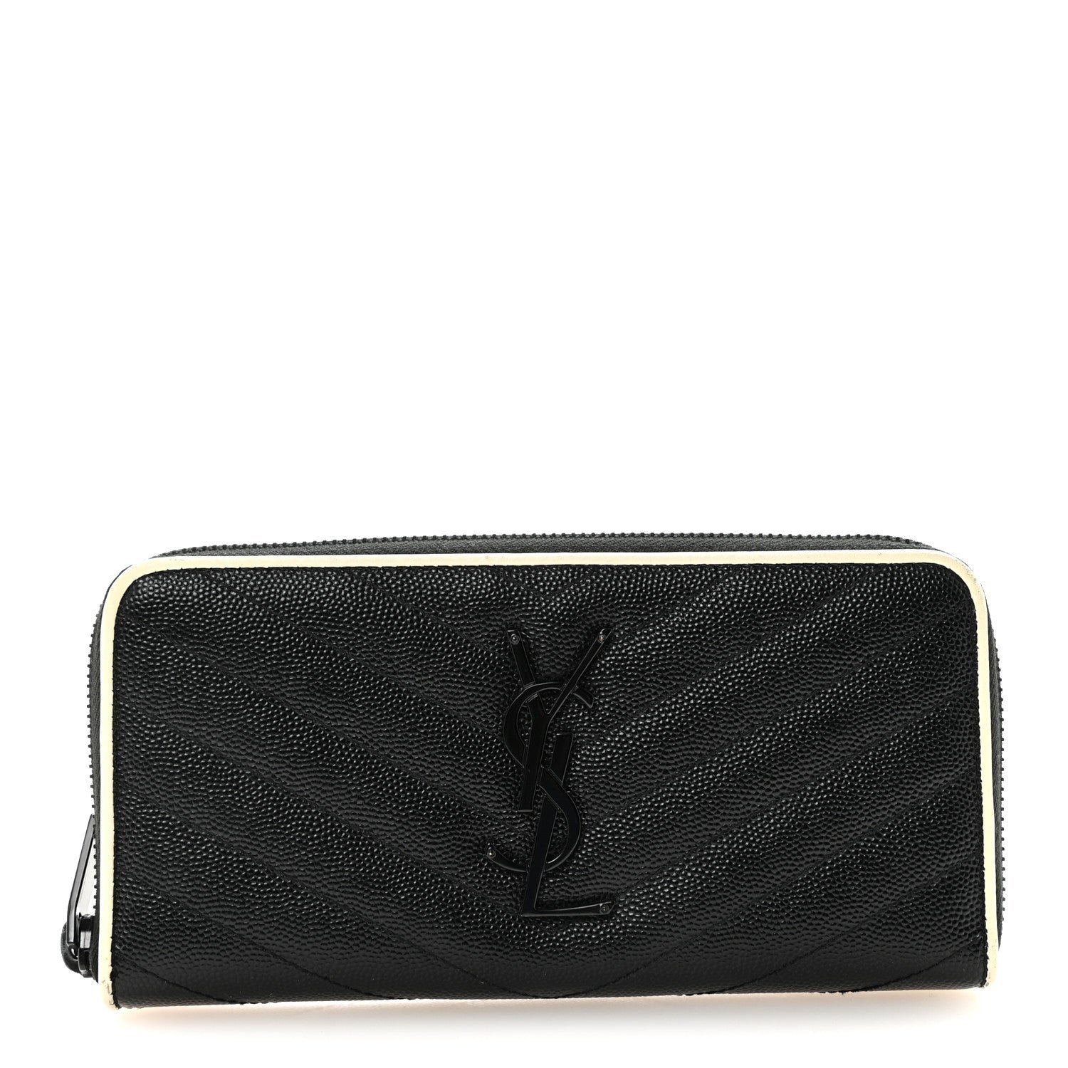 Saint Laurent Grain De Poudre Matelasse Chevron Monogram Zip Around Wallet Black Dove White
