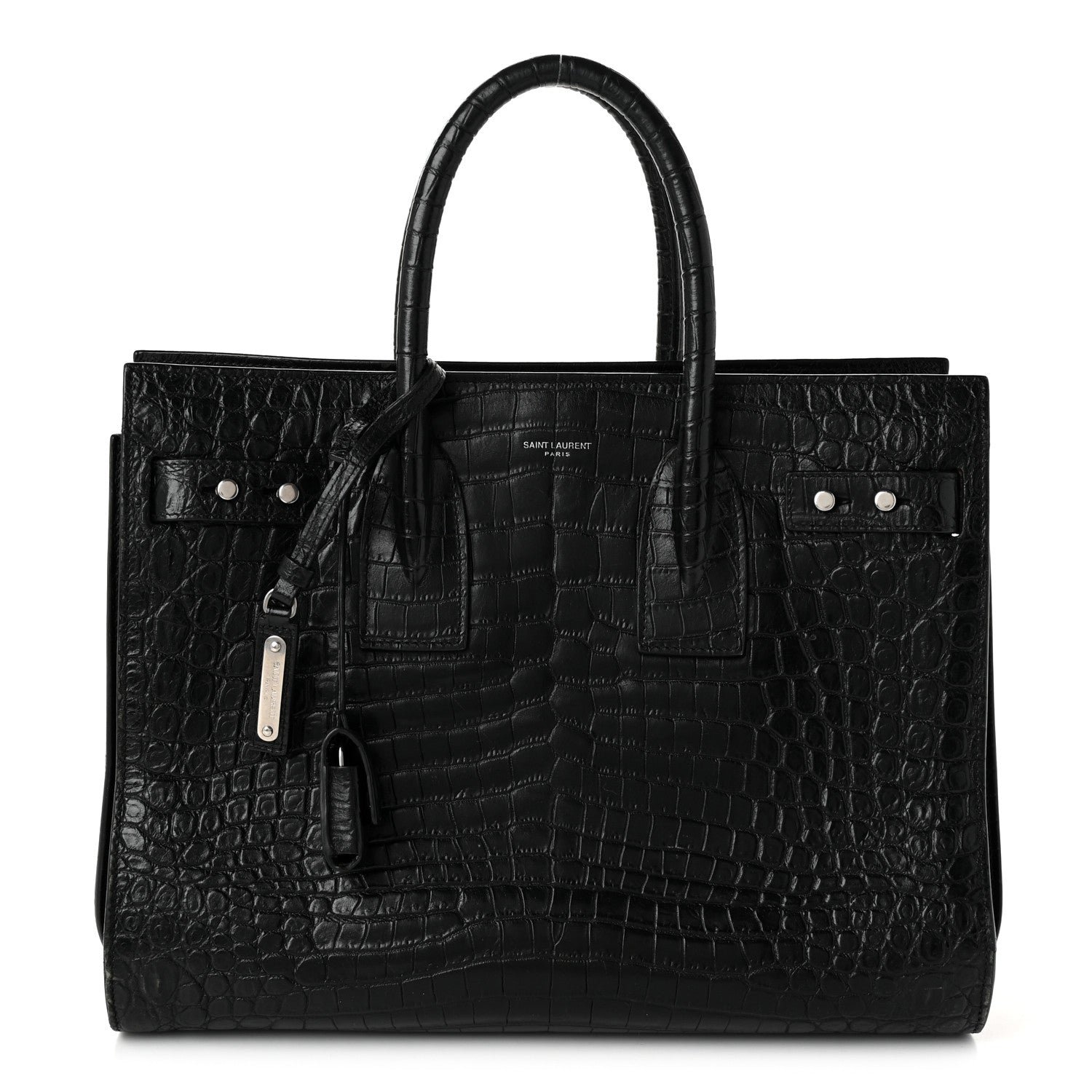 Saint Laurent Calfskin Crocodile Embossed Small Supple Sac de Jour Black