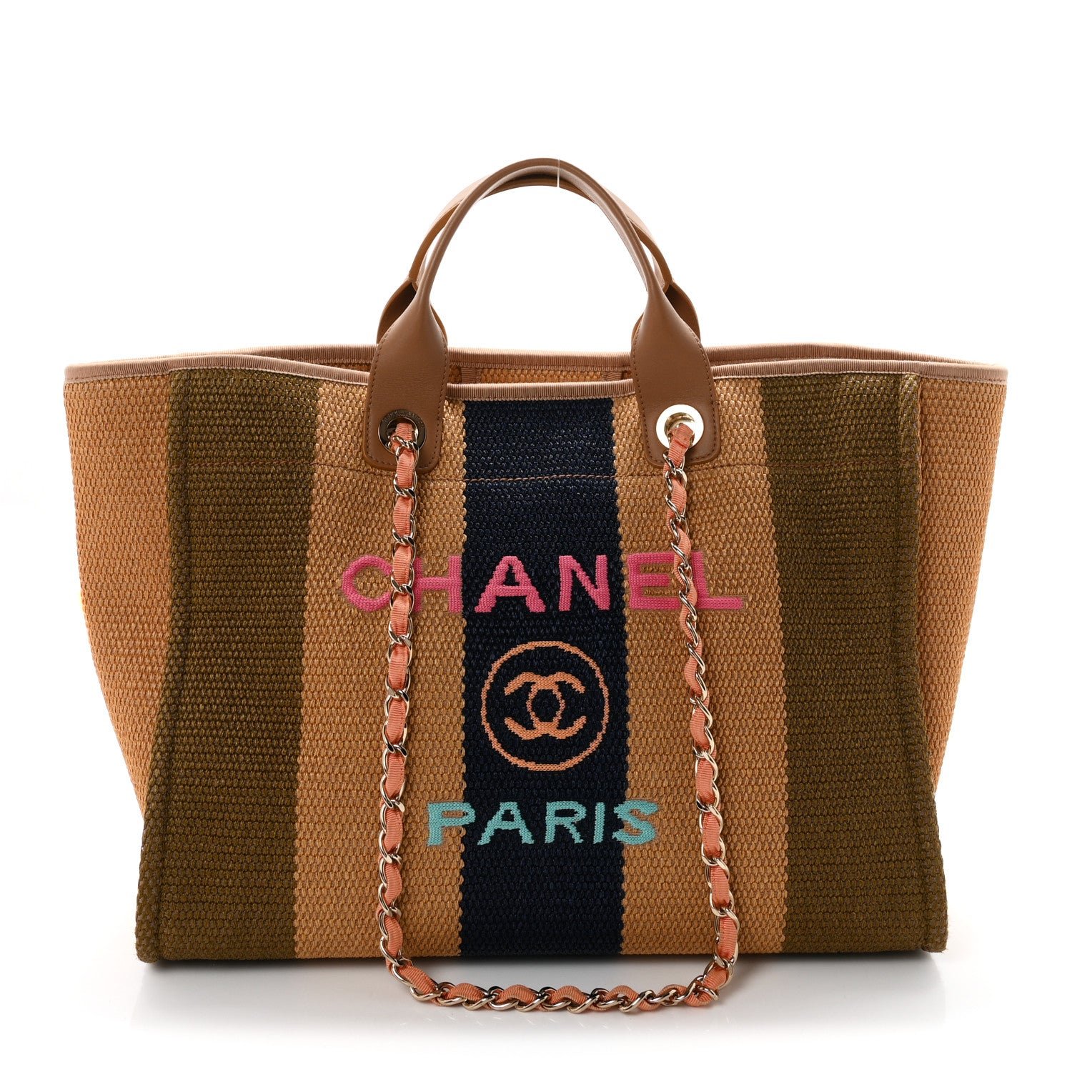 Chanel Straw Raffia Calfskin Striped Medium Deauville Tote Black Beige Ivory