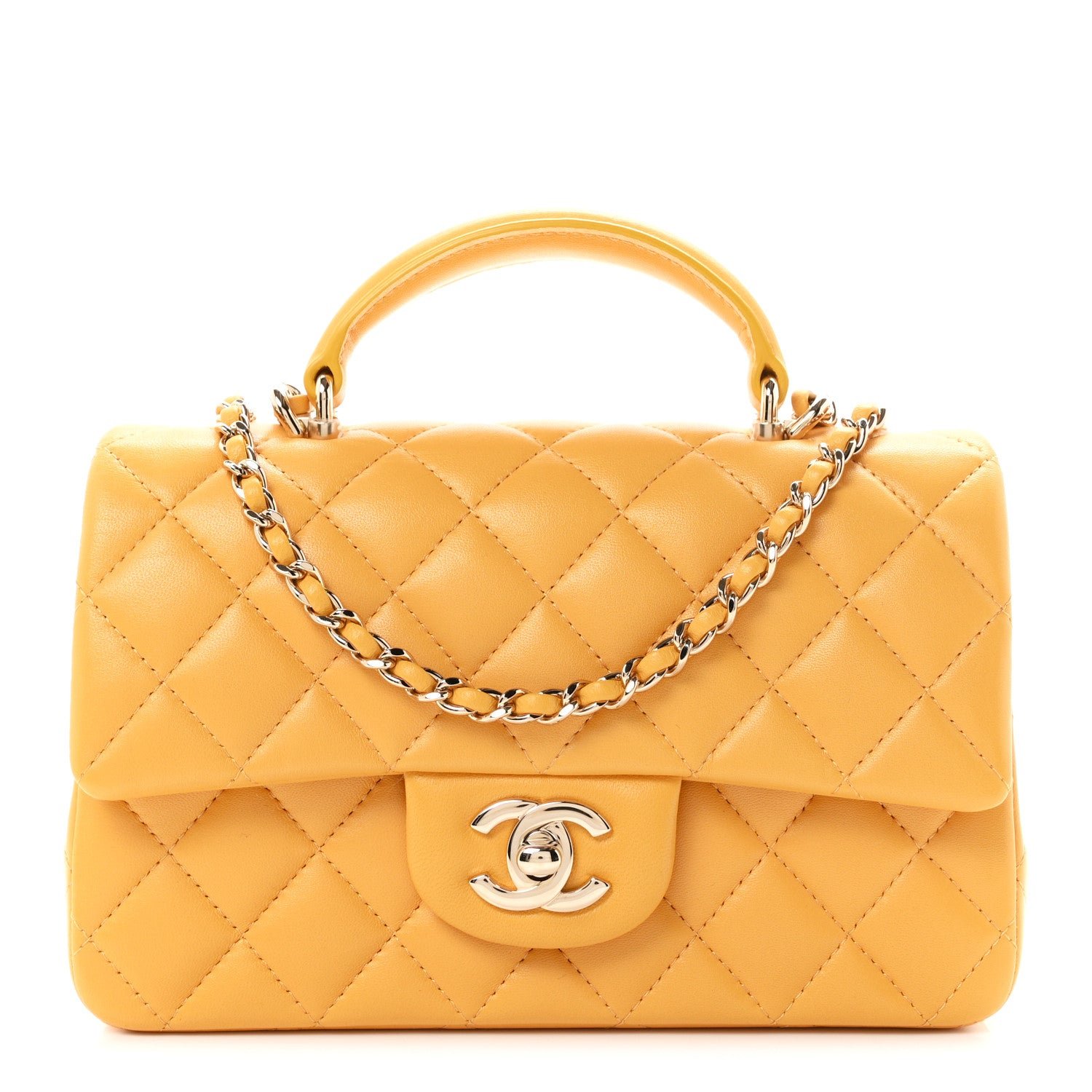 Chanel Lambskin Quilted Mini Top Handle Rectangular Flap Yellow