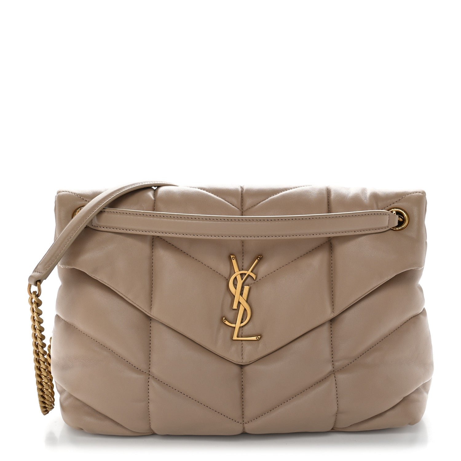 Saint Laurent Lambskin Quilted Medium Loulou Puffer Monogram Chain Satchel Dark Beige