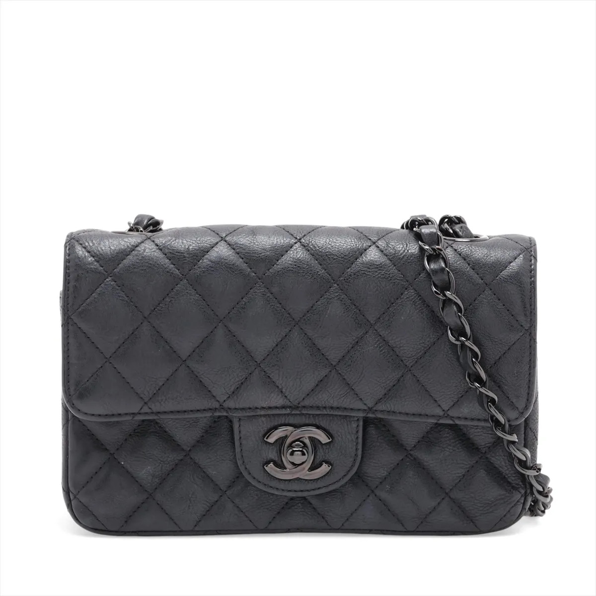 Chanel Mini Matelasse 20 Leather Single Flap Single Chain Bag Black Black Metal