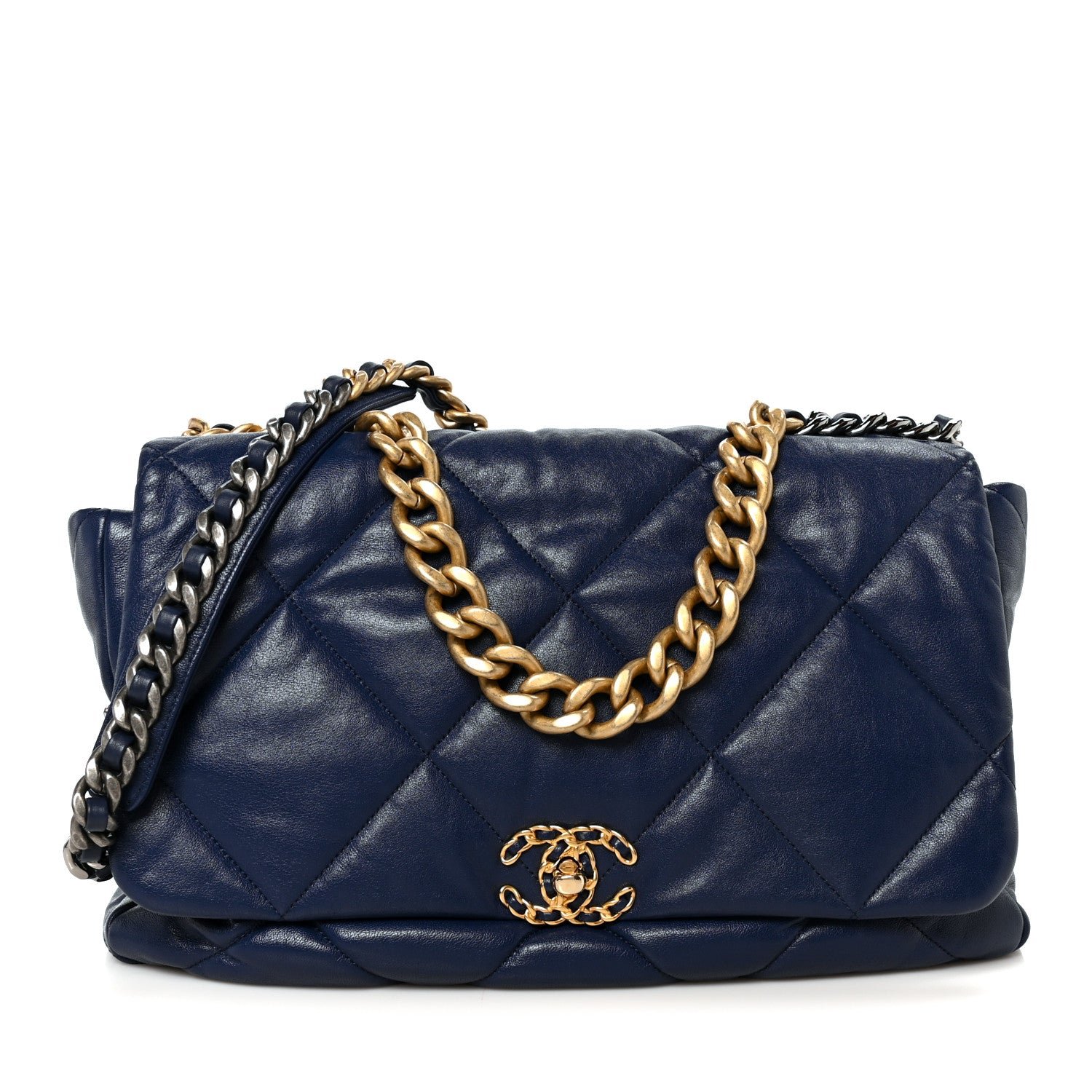 Chanel Goatskin Quilted Maxi Chanel 19 Flap Navy Blue