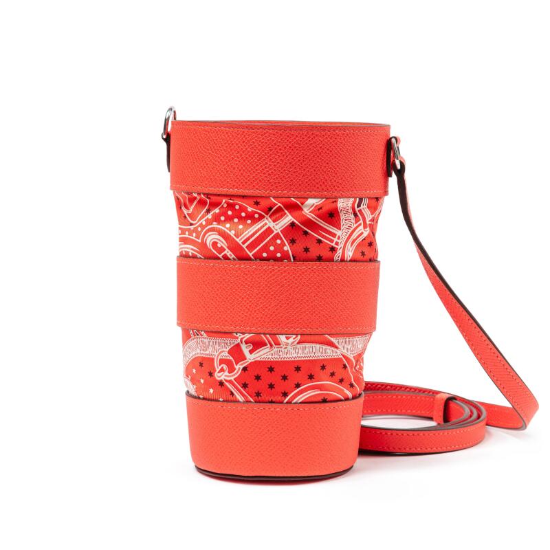 Hermes Orange Field Calfskin and "Eperon d'Or" Printed Technical Silk Avecsoie In The Pocket Water Bottle Holder, Design By Henri d'Origny