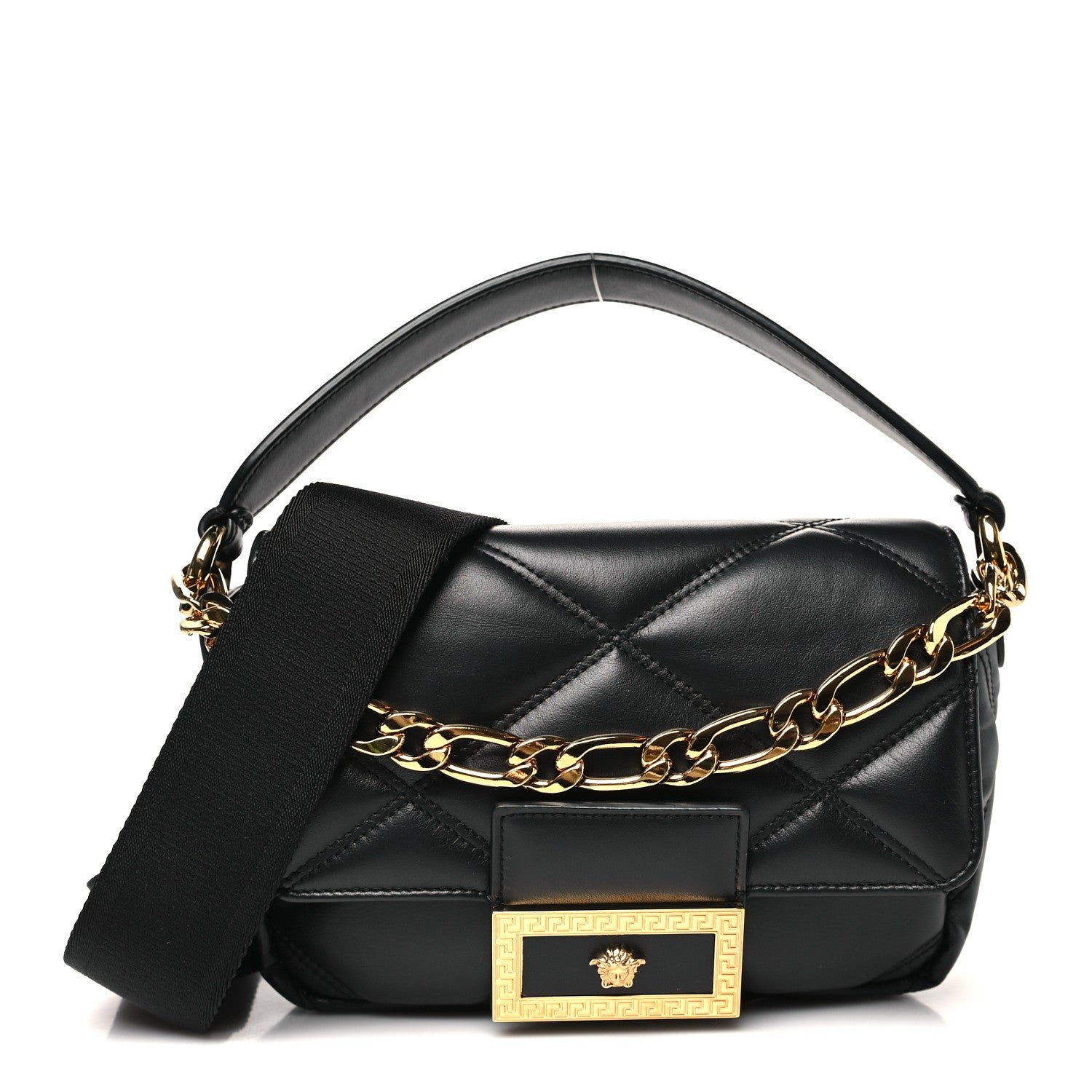 Versace Calfskin Quilted Medusa Small Top Handle Shoulder Bag Black