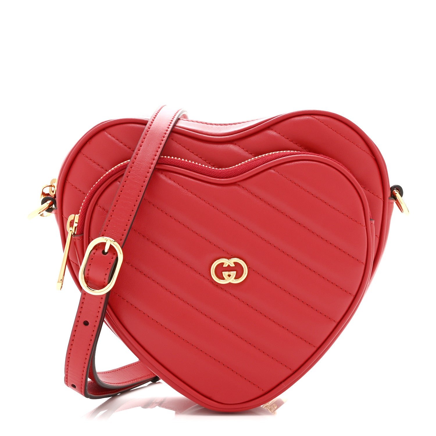 Gucci Calfskin Matelasse Diagonal Mini Interlocking G Heart Shoulder Bag Hibiscus Red