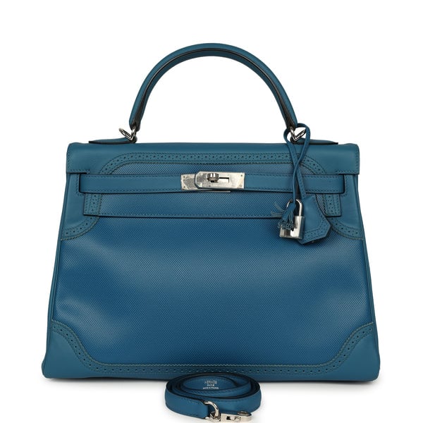 Pre-owned Hermes Ghillies Kelly Retourne 32 Bleu De Galice Swift, Grain D'H Palladium Hardware