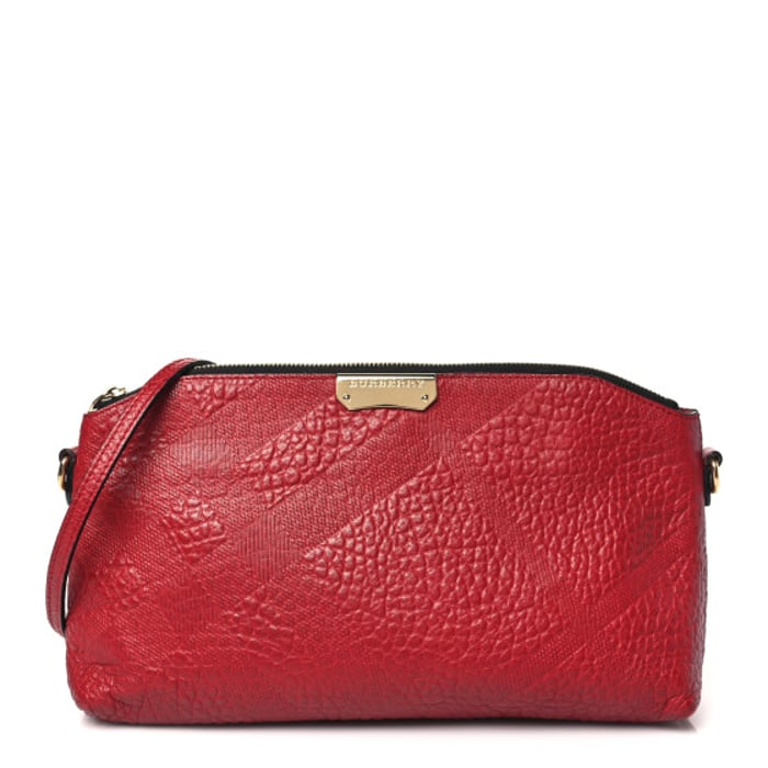 Burberry Signature Grain Calfskin Check Embossed Small Chichester Crossbody Clutch Bag Red