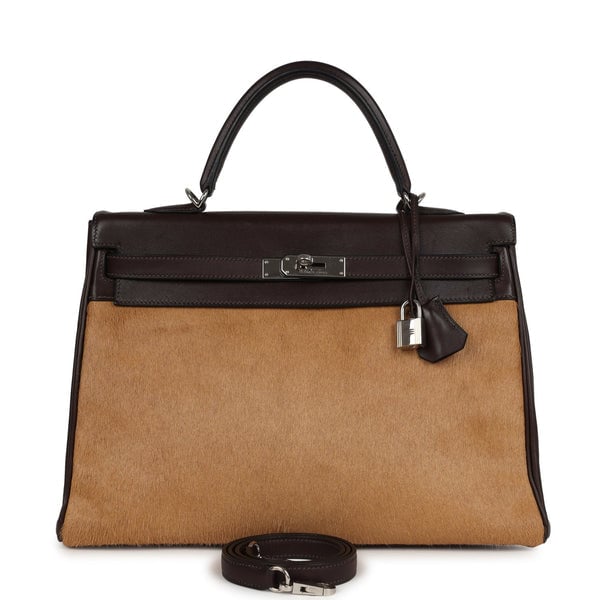 Hermes Vintage Hermes Kelly Retourne 35 Ebene Evercalf and Blond Troika Palladium Hardware