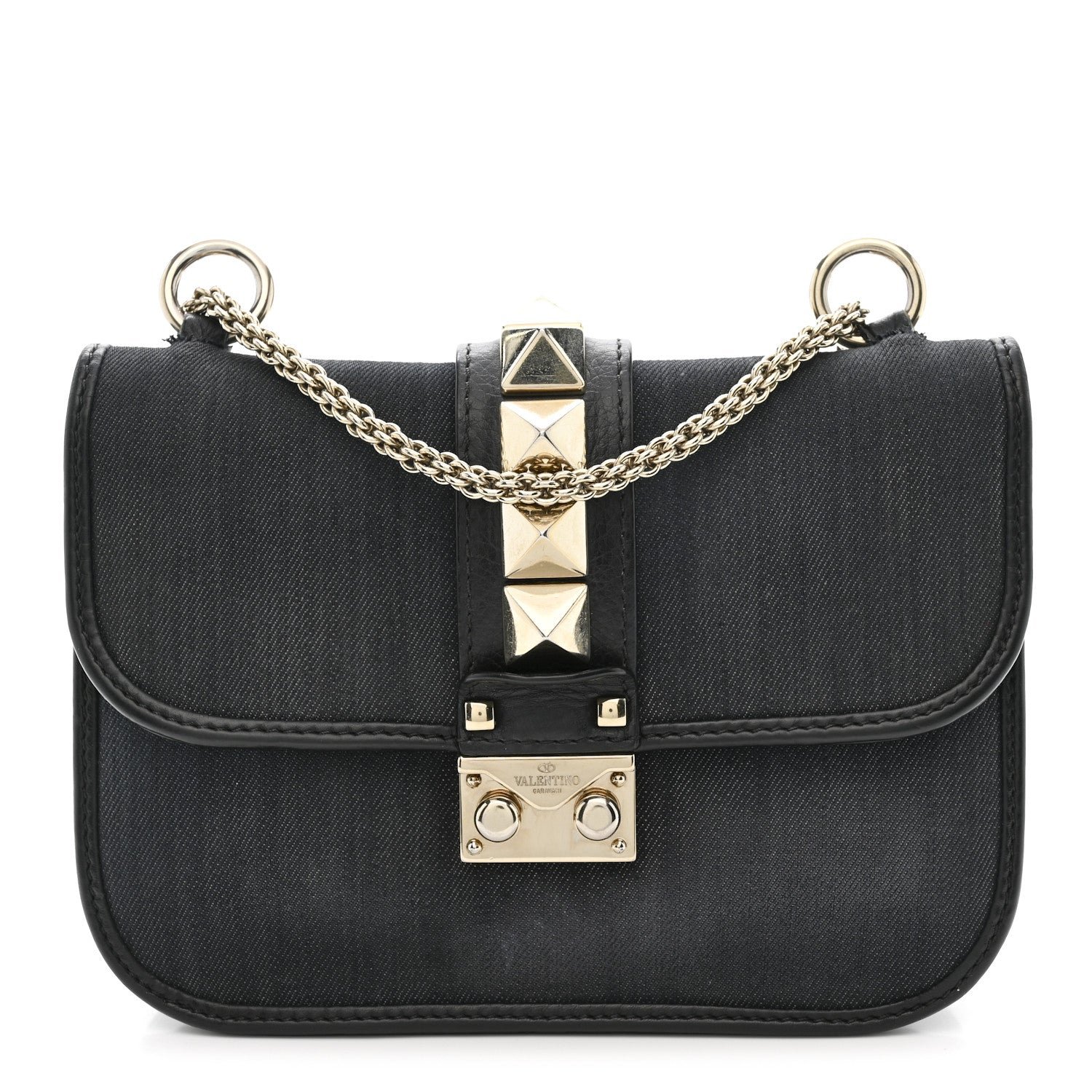 Valentino Garavani Denim Small Glam Lock Rockstud Flap Deep Denim