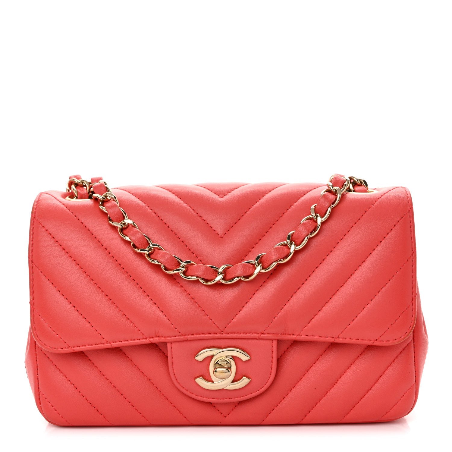 Chanel Lambskin Chevron Quilted Mini Rectangular Flap Coral