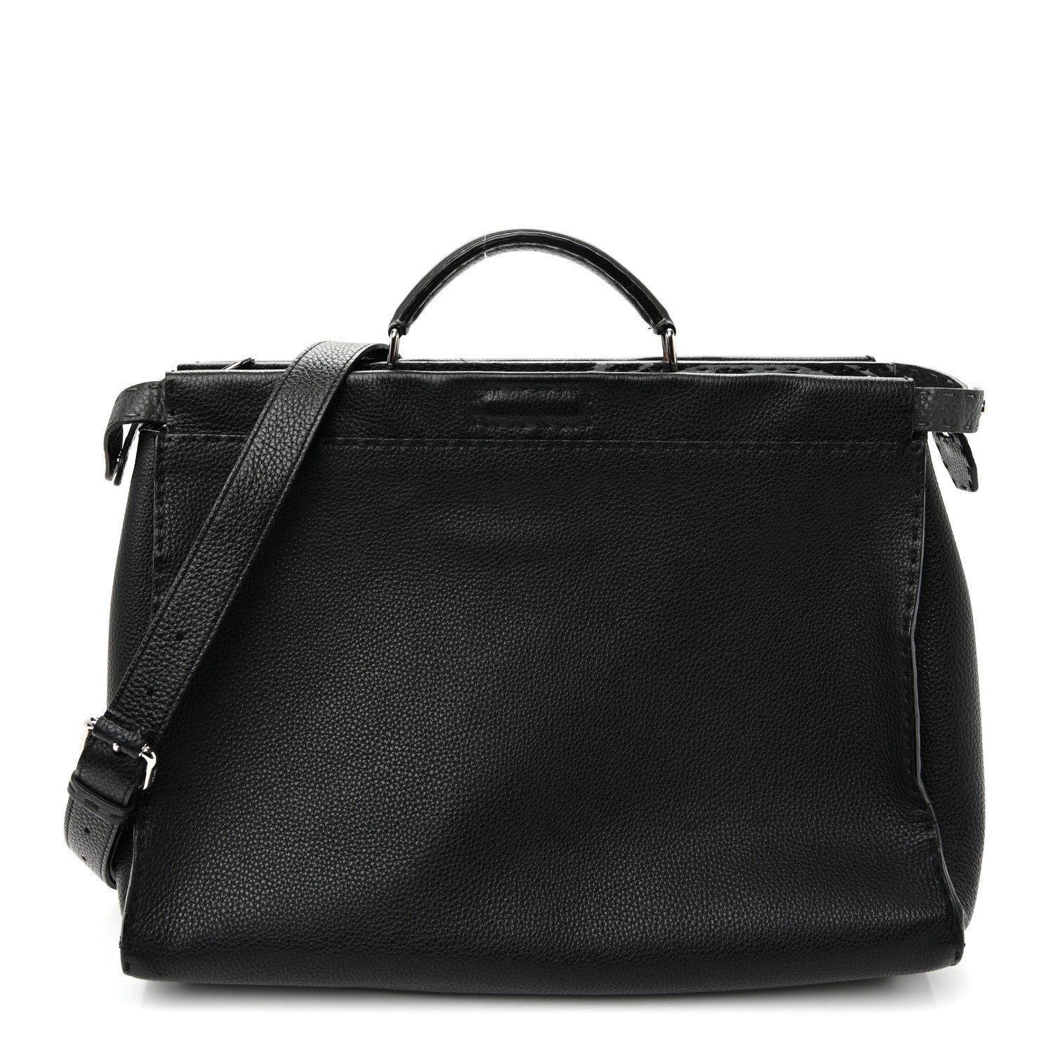Fendi Cuoio Romano Selleria Metal Stitch Large Mens Peekaboo Iconic Essential Satchel Black