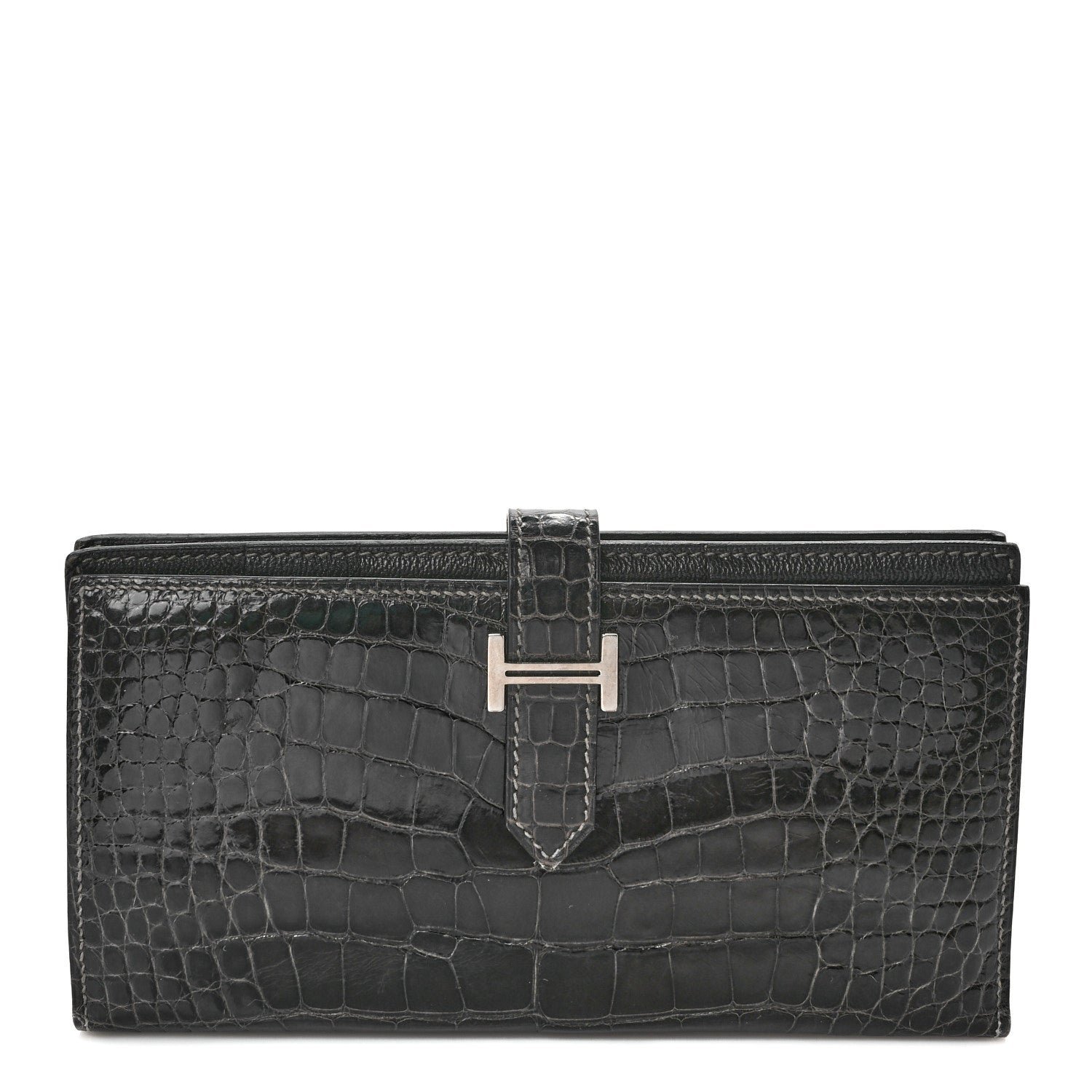 Hermes Shiny Alligator Bearn Gusset Wallet Graphite