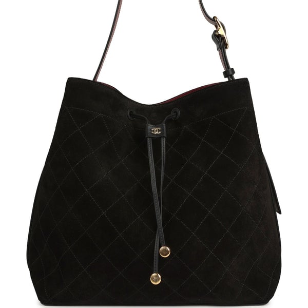 Chanel Large "CC Loop" Drawstring Bucket Bag with Leather Strap Black Suede Gold Hardware