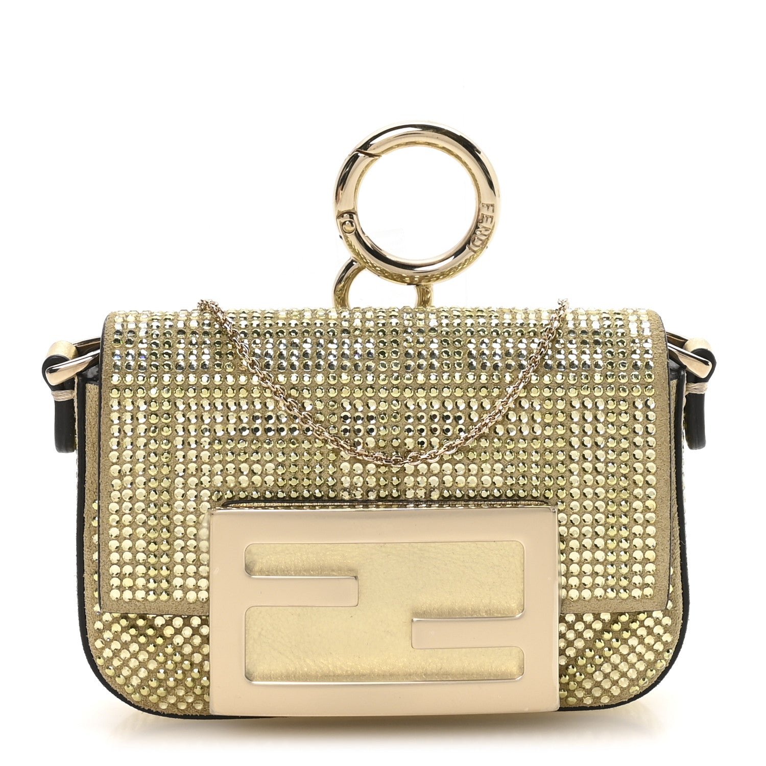 Fendi Crystal Vitello Laminato FF Nano Maxi Buckle Baguette Charm Light Gold