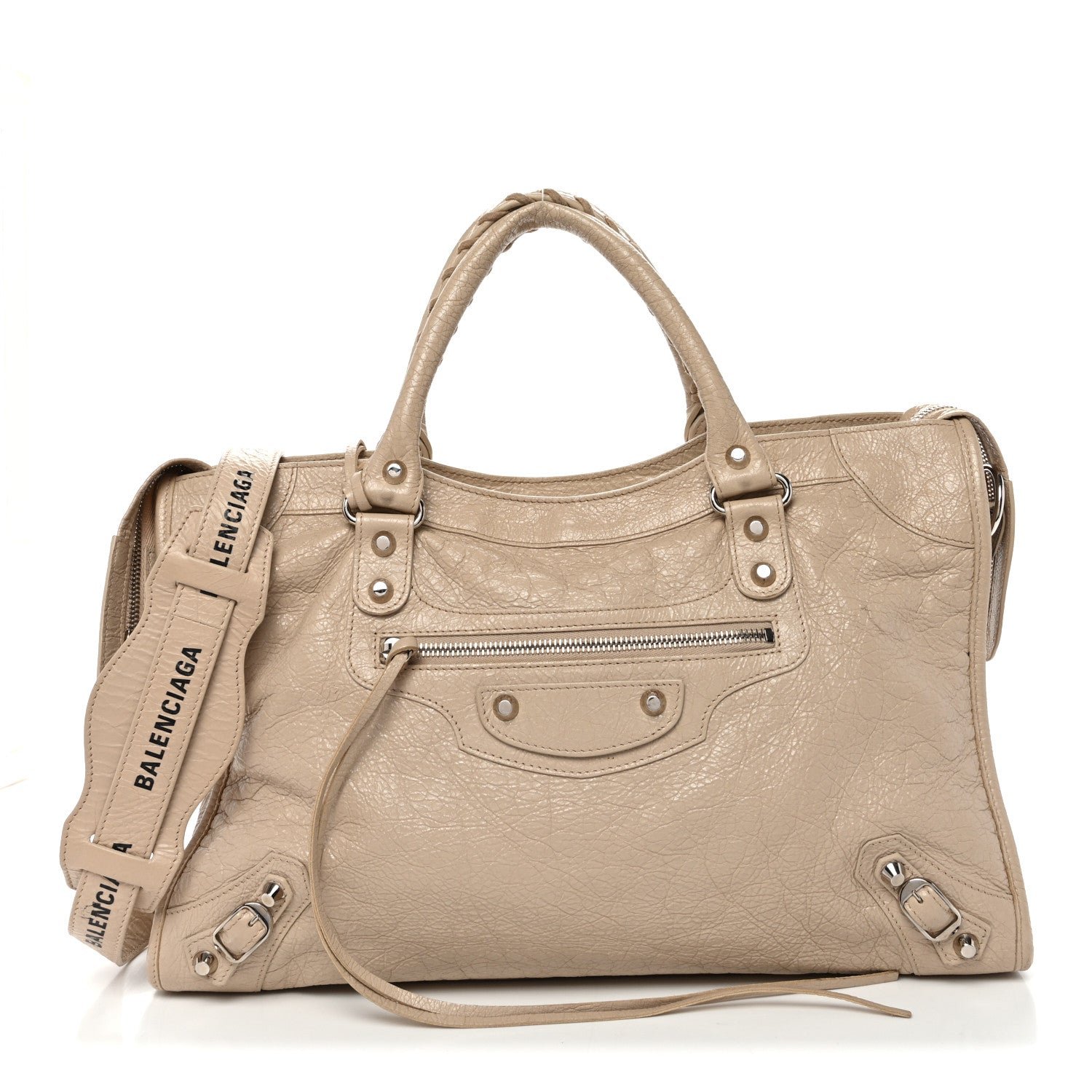 Balenciaga Agneau Classic Silver Hardware City Logo Strap Light Beige Black