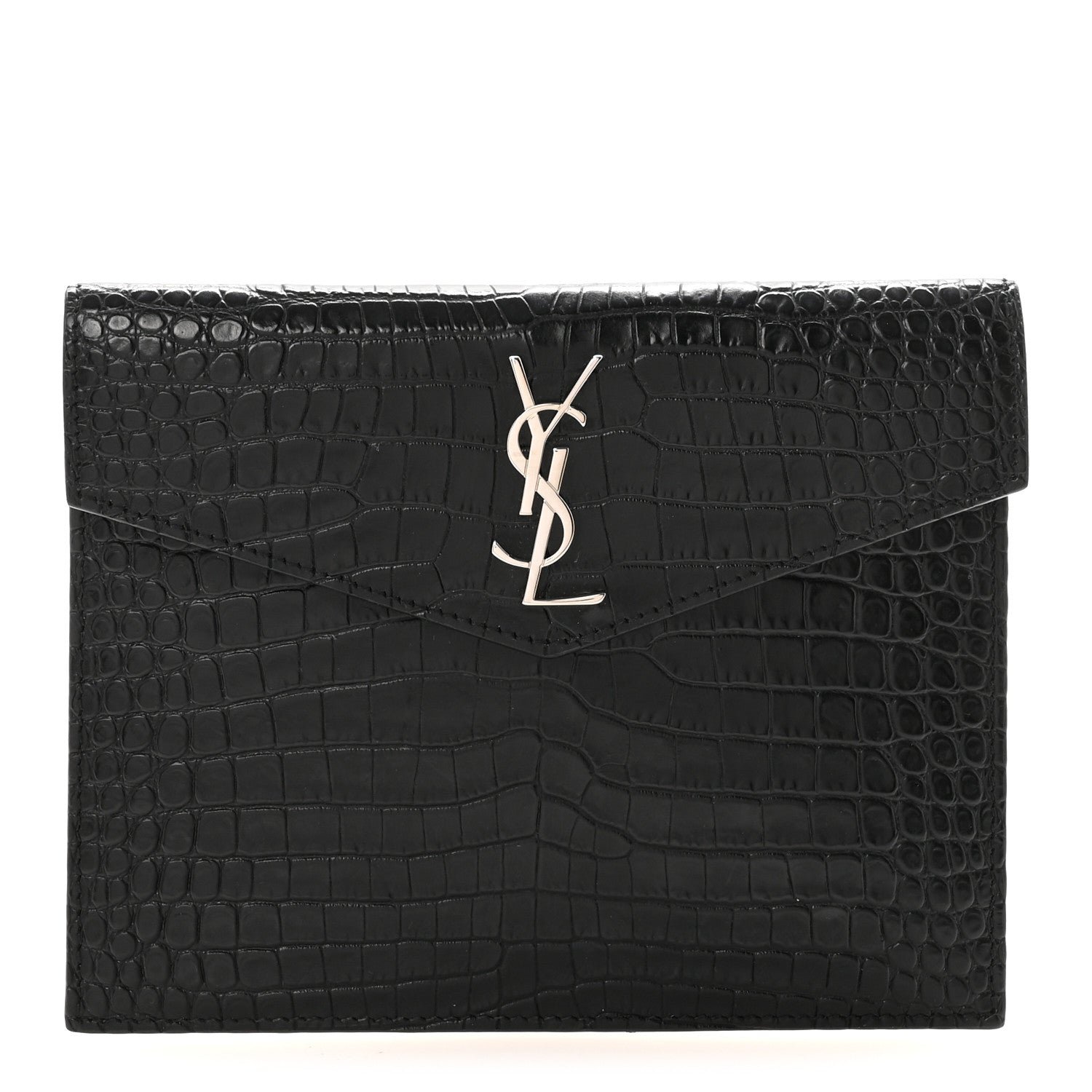 Saint Laurent Calfskin Crocodile Embossed Monogram Small Uptown Pouch Black