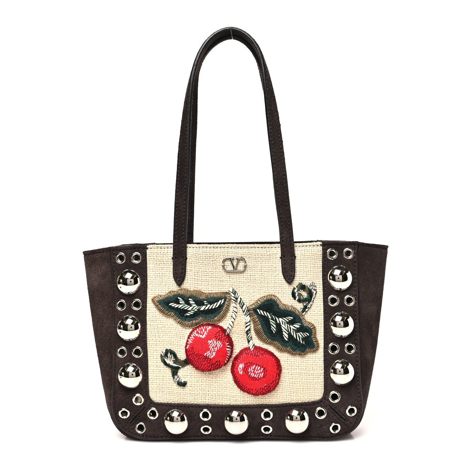 Valentino Garavani Suede Raffia Woven Studded Embroidered Cherryfic Mini Nellcote Shopping Tote Brown Multicolor