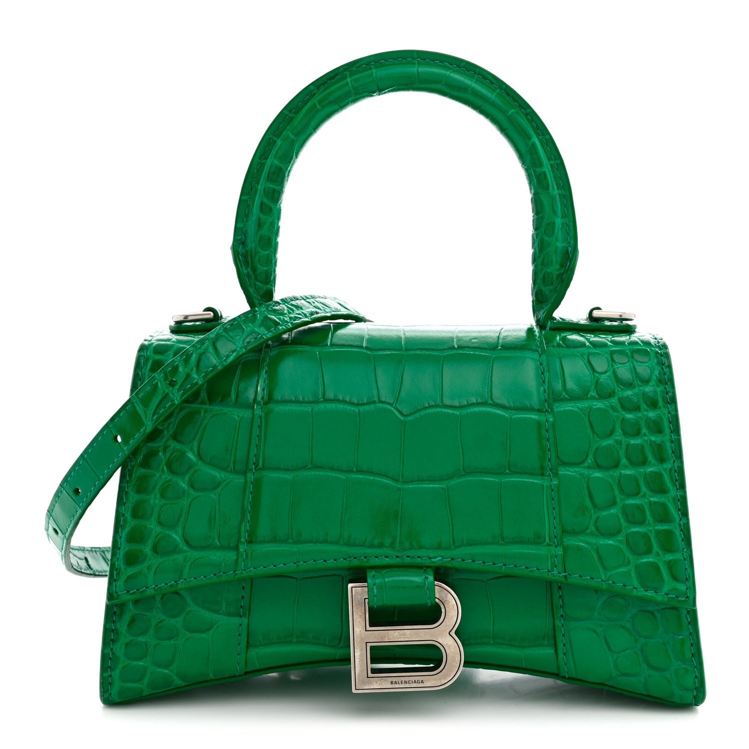 Balenciaga Shiny Calfskin Crocodile Embossed Hourglass Top Handle Bag XS Jade