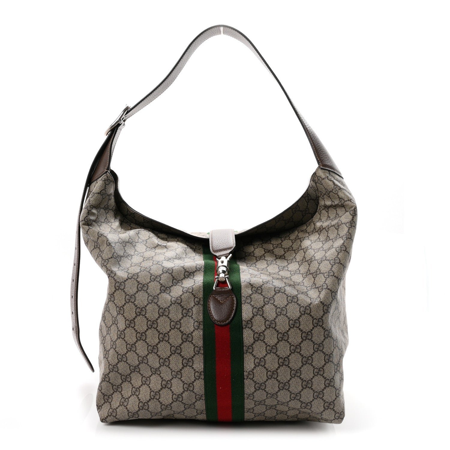 Gucci Tender GG Supreme Monogram Textured Dollar Calfskin Web Medium Jackie 1961 Crossbody Bag Beige Ebony New Acero