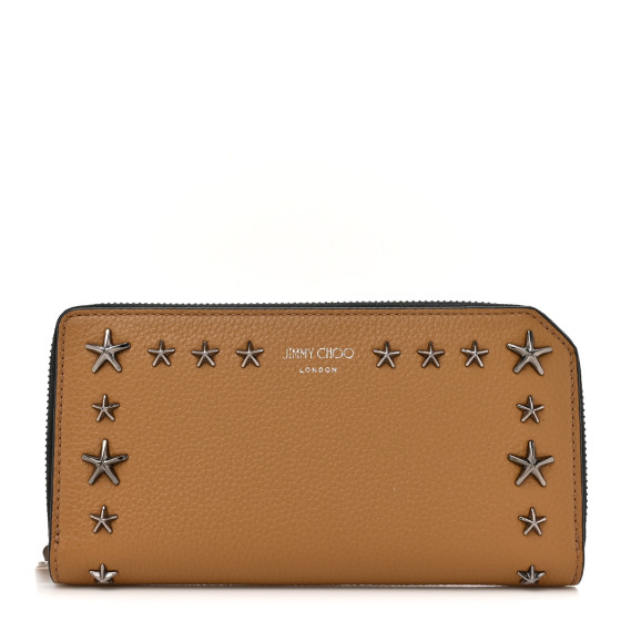 Jimmy Choo Calfskin Star Studded Zip Around Wallet Brown