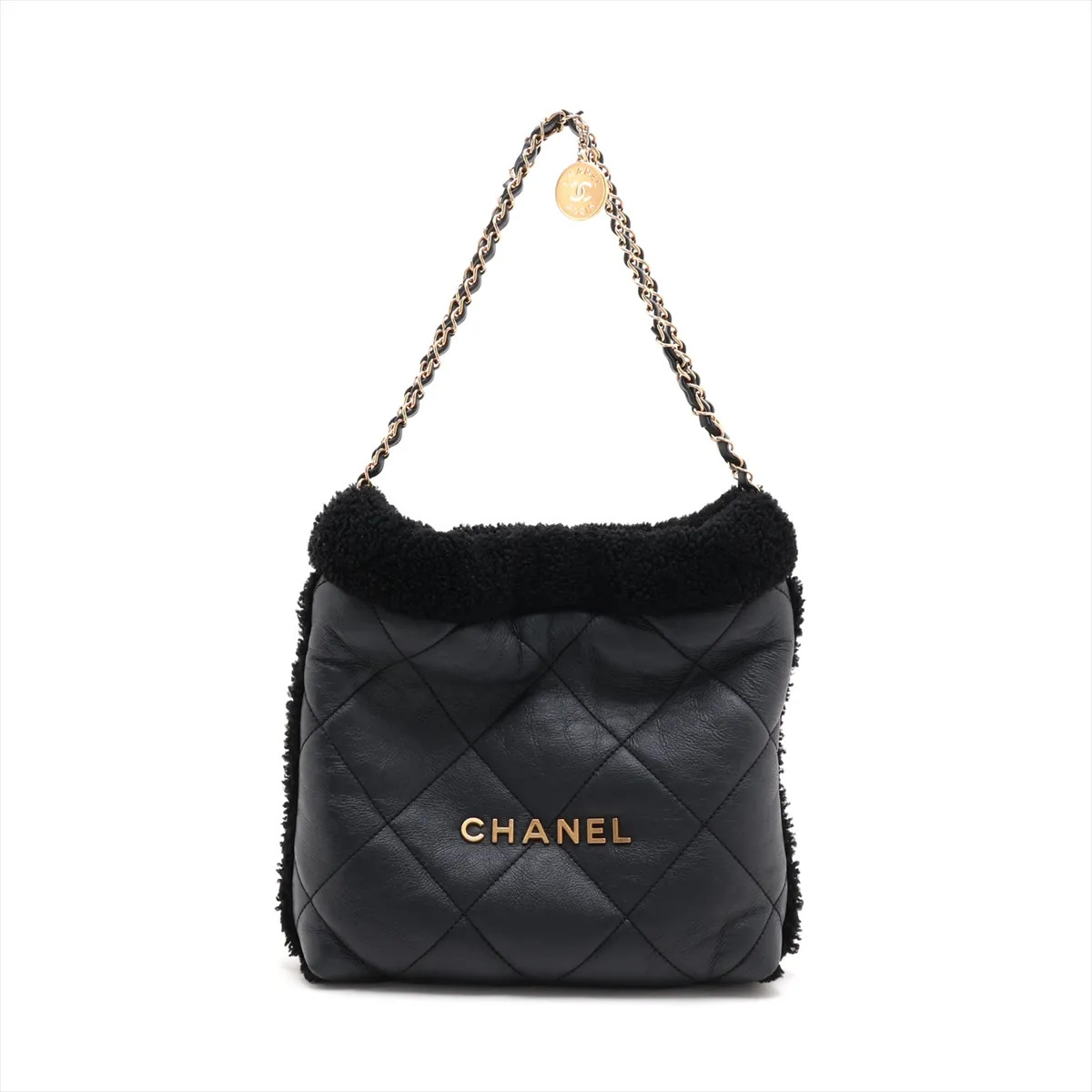Chanel Chanel 22 Small Leather x boa Chain Shoulder Bag Black Gold Metal Fitting