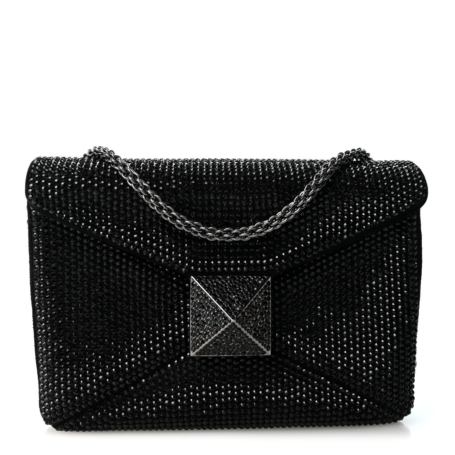 Valentino Garavani Crystal Suede Embellished Small One Stud Clutch With Chain Black