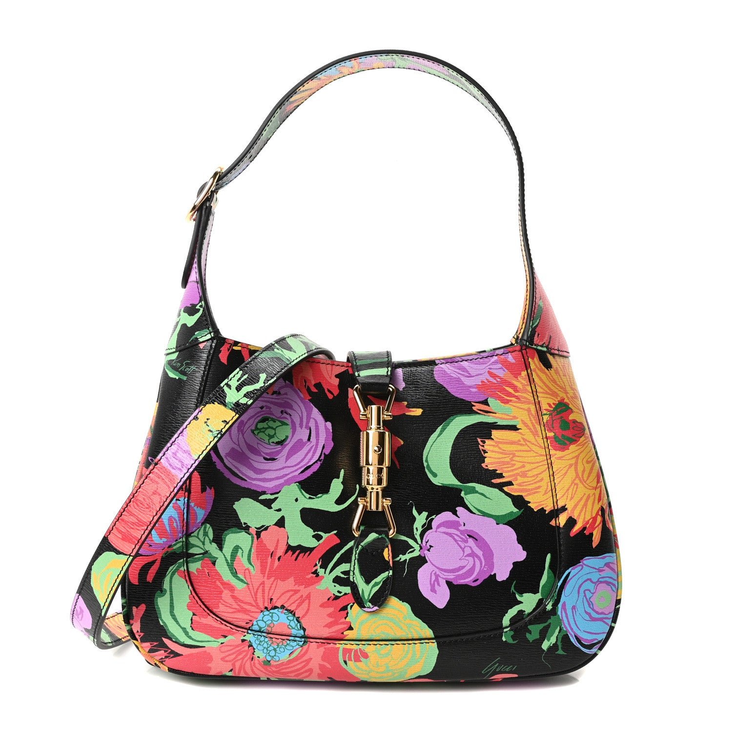 Gucci X KEN SCOTT New Shangai Calfskin Jenny Floral Print Small Jackie 1961 Hobo Black Pink