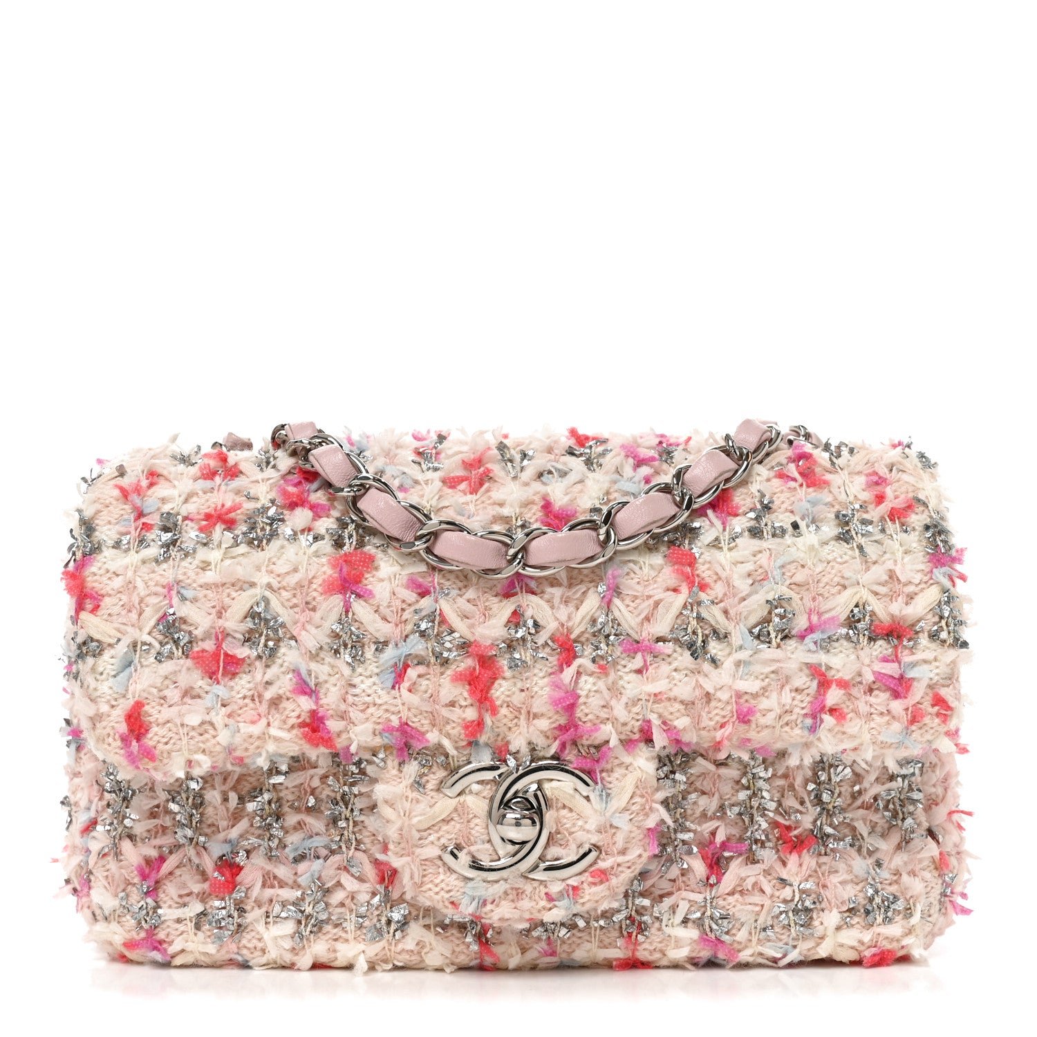 Chanel Tweed Quilted Mini Rectangular Flap Light Pink Silver Blue