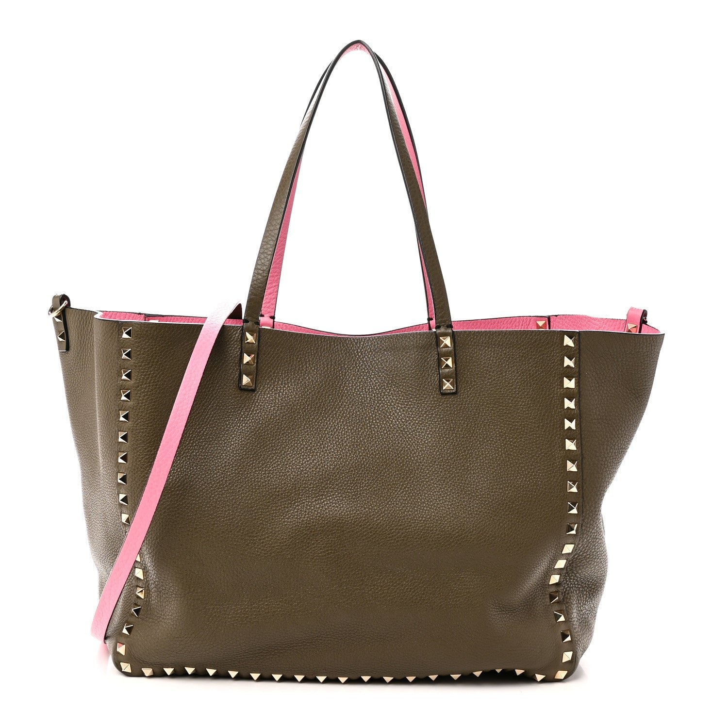 Valentino Garavani Valentino Garavani Grained Calfskin Medium Rockstud Reversible Tote Army Green Pink