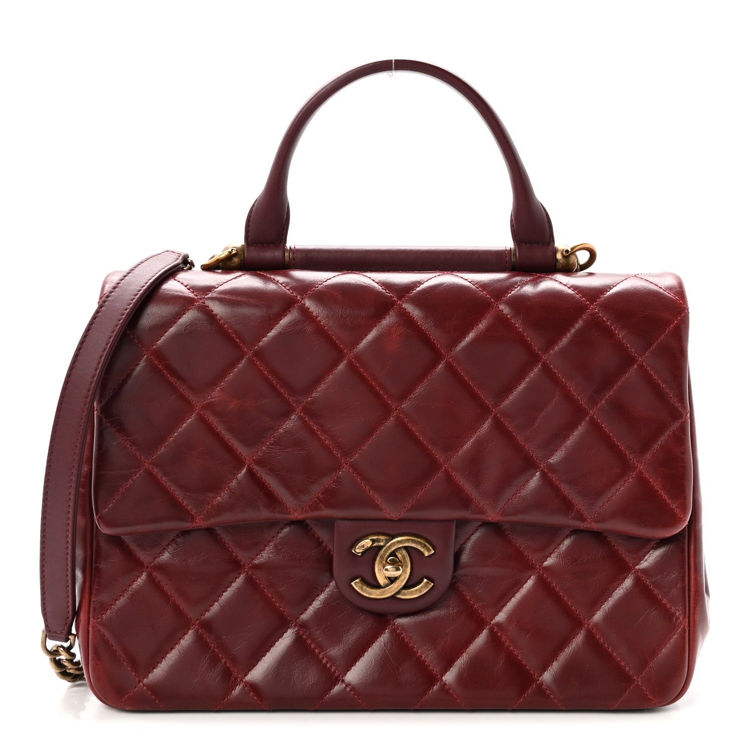 Chanel Glazed Calfskin Quilted Large Gold Bar Top Handle Flap Burgundy
