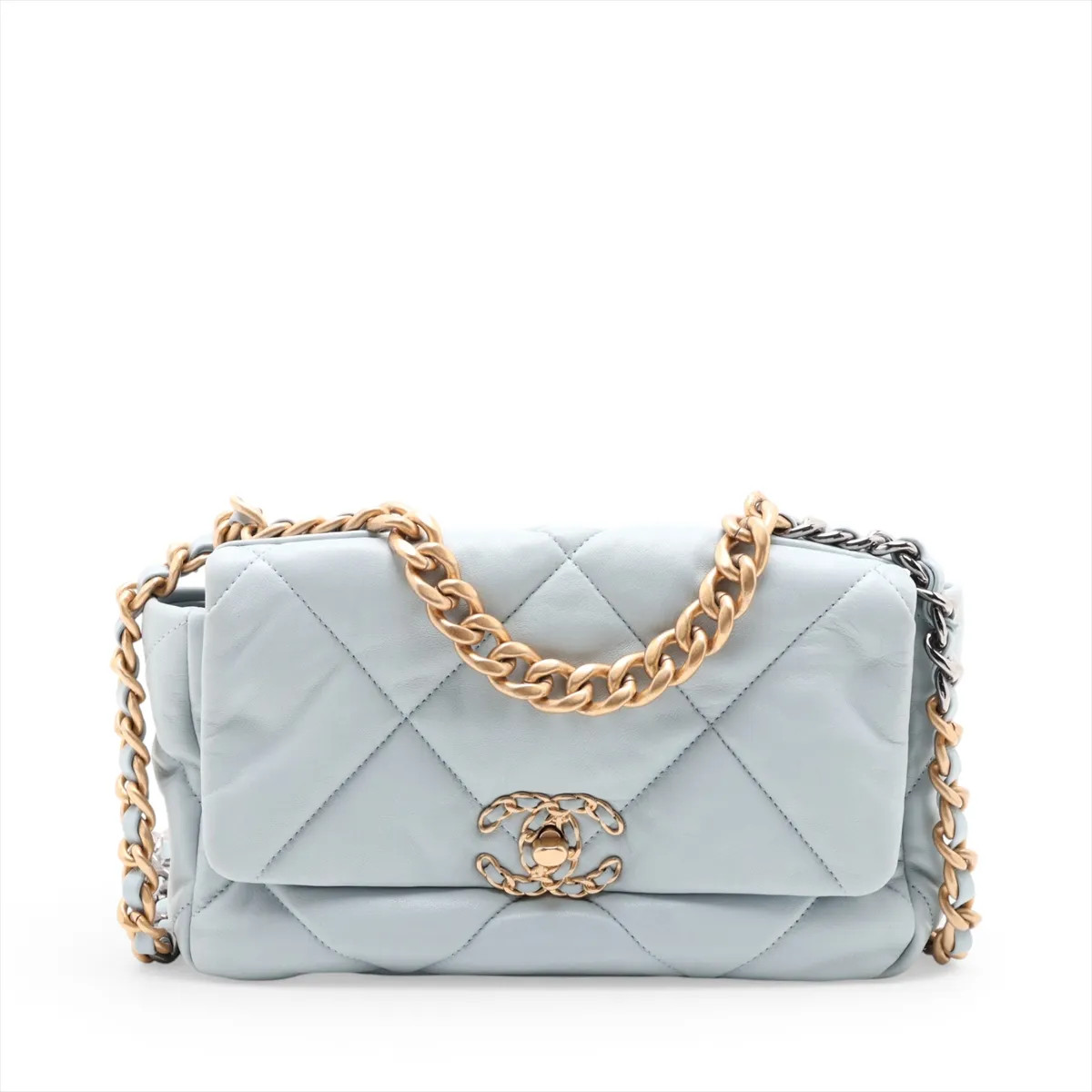 Chanel CHANEL 19 Lambskin Chain Shoulder Bag Blue Black x Silver Metal Fittings