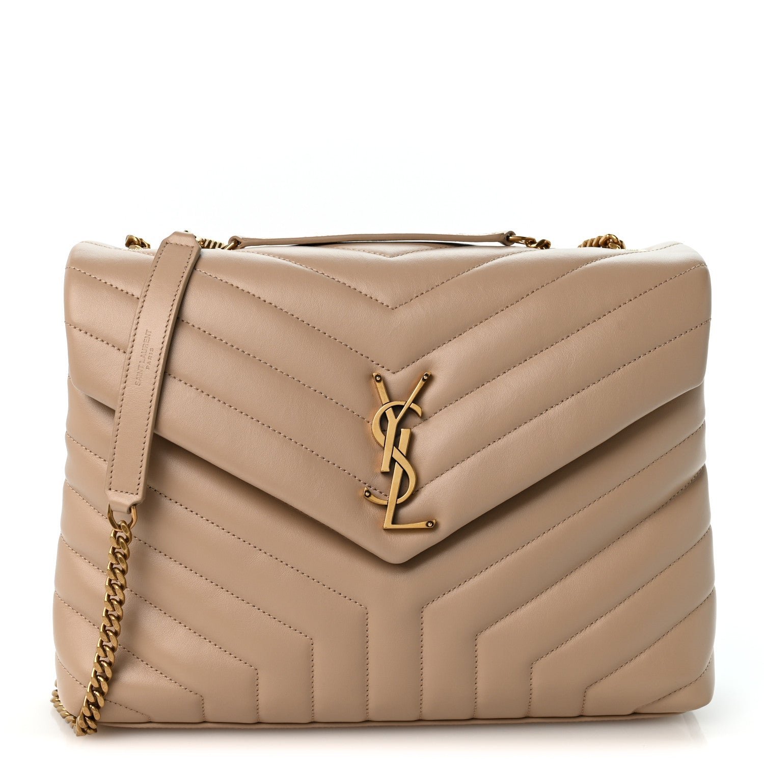 Saint Laurent Calfskin Y Quilted Monogram Medium Loulou Chain Satchel Dark Beige