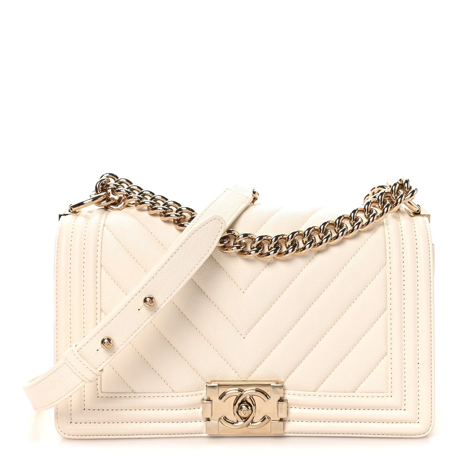 Chanel Caviar Chevron Quilted Medium Boy Flap White