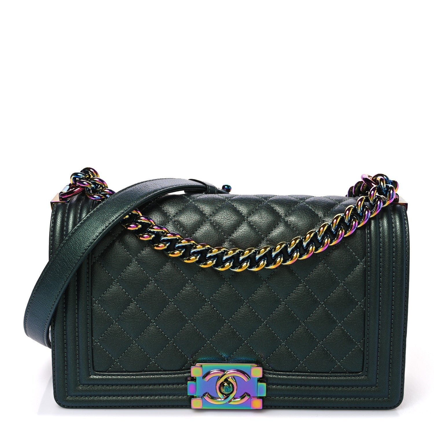 Chanel Iridescent Goatskin Quilted Medium Boy Flap Green