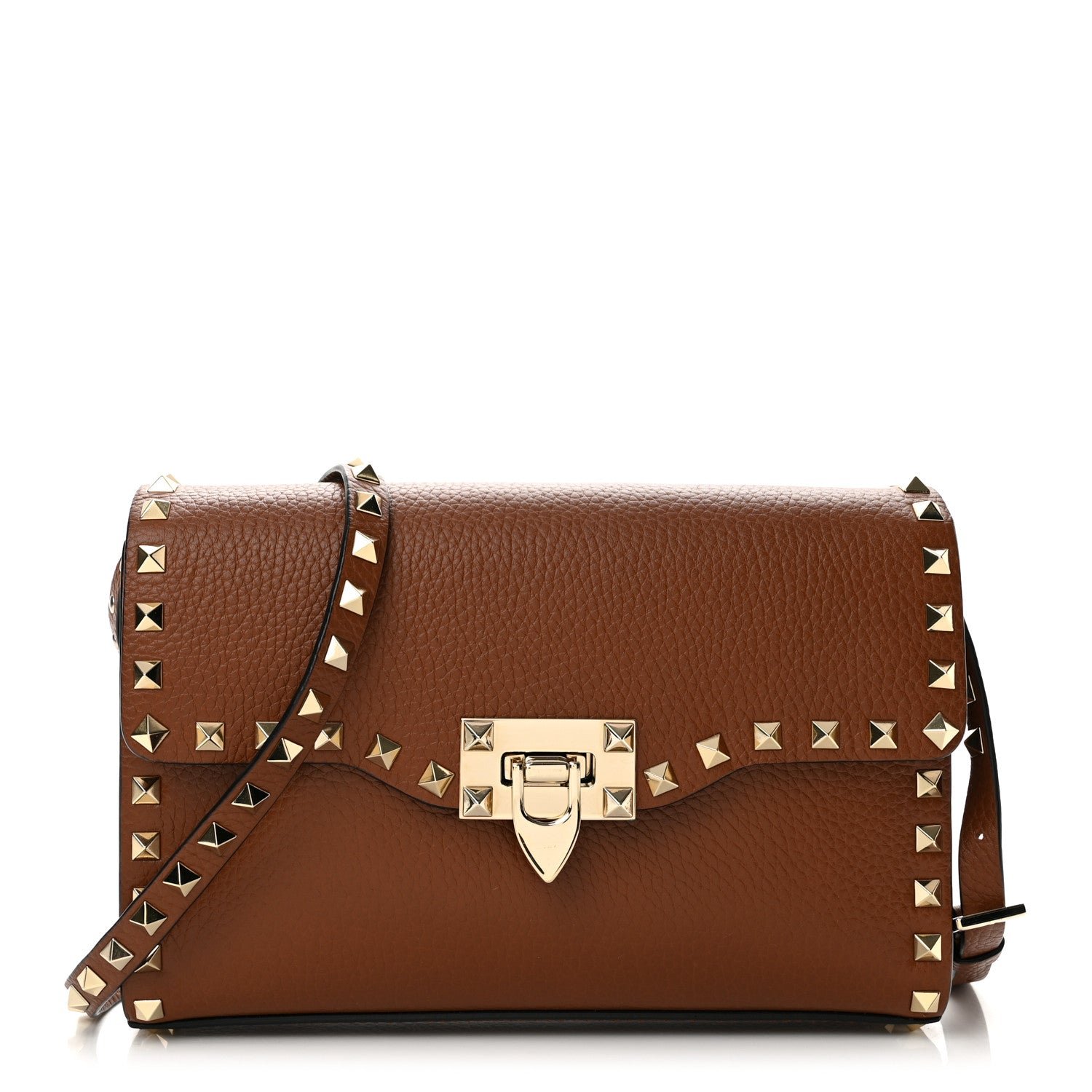 Valentino Garavani Pebbled Calfskin Medium Rockstud Flip Lock Crossbody Bag Bright Cognac