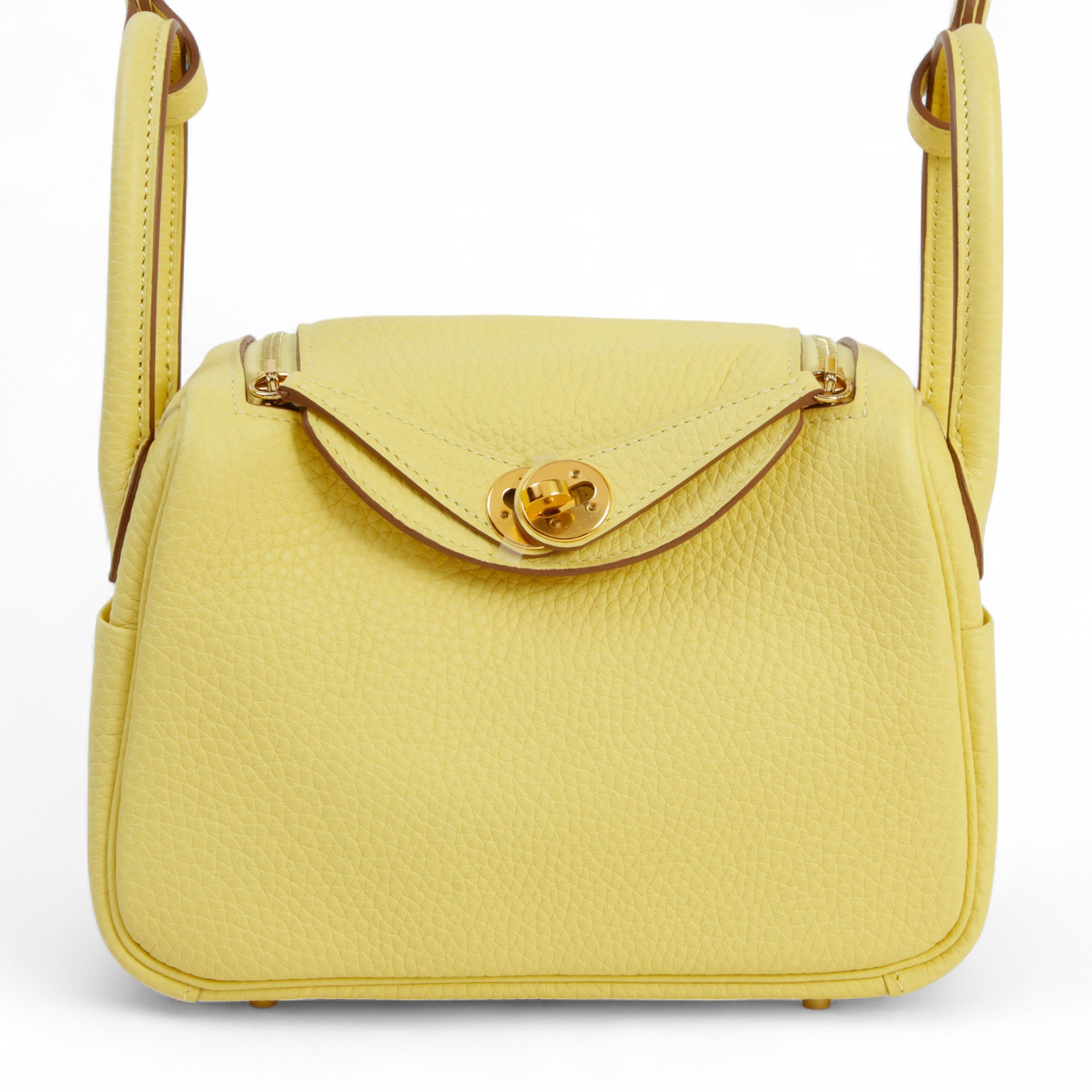 Hermes Excellent ( Rank SA ) HERMÈS Mini Lindy Jaune Poussin (1Z) Nata (I2) Clemence Gold hardware Z (2021)