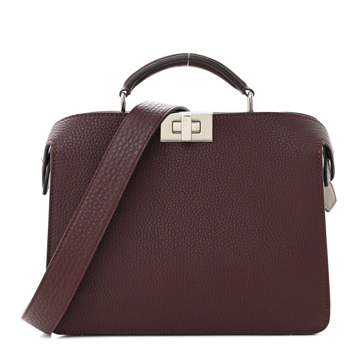 Fendi Cuoio Romano Vitello Cover Glazed Fabric Bi-Color FF 1974 Mini Peekaboo I SEE U Satchel Granada Tartufo Burgundy Tobacco Moro