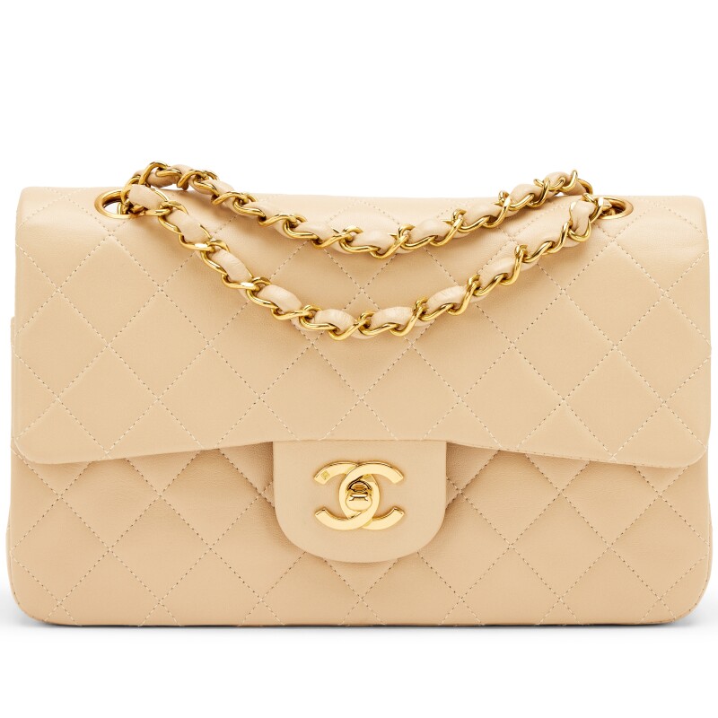 Light Beige Quilted Lambskin Small Classic Double Flap Bag Gold Hardware, 1994-1996