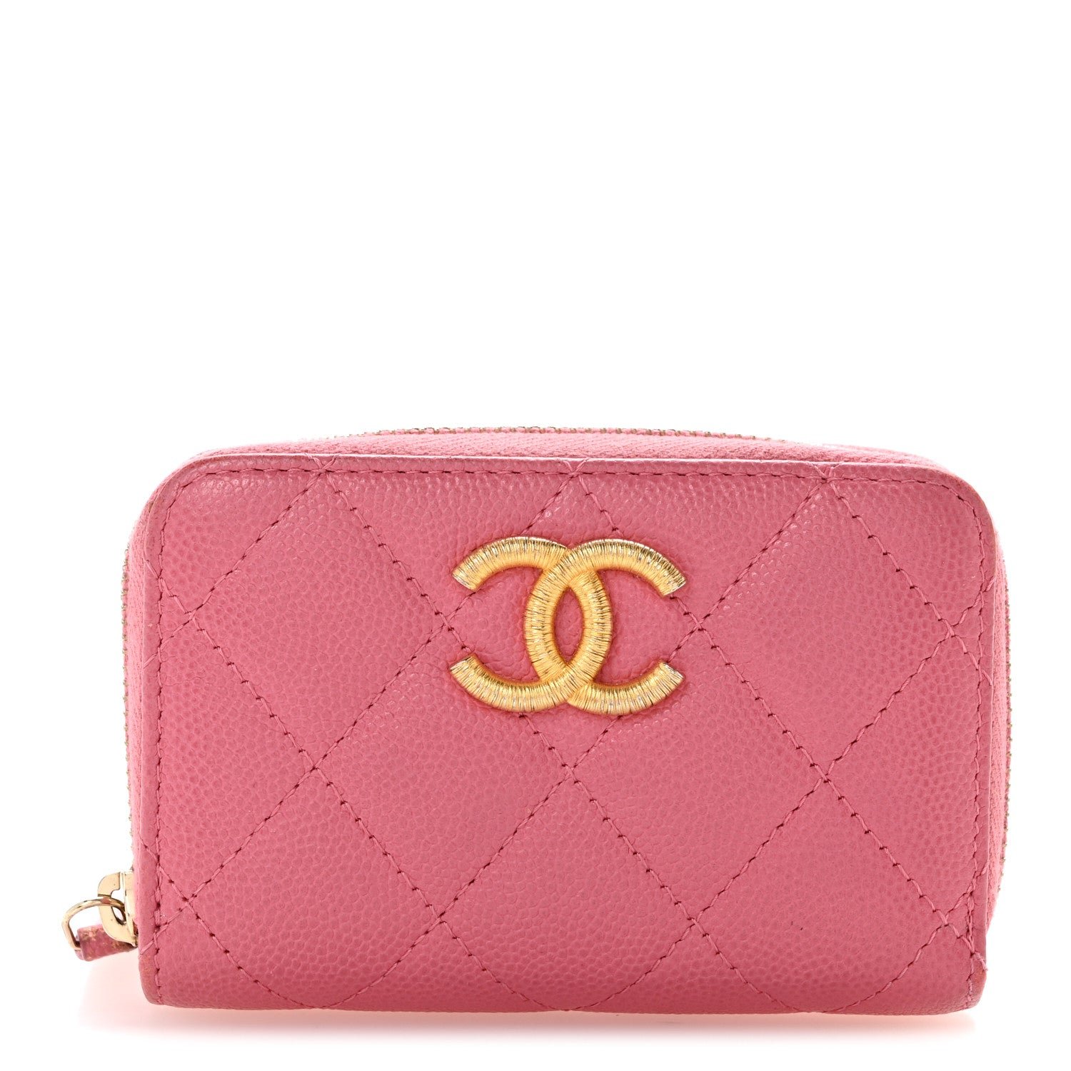 Chanel Caviar Quilted Textured CC Zip Around Coin Purse Black Pink