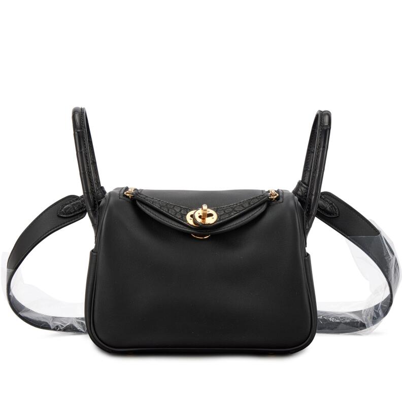 Hermes Limited Edition Black Matte Alligator and Swift Touch Mini Lindy Gold Hardware, 2024