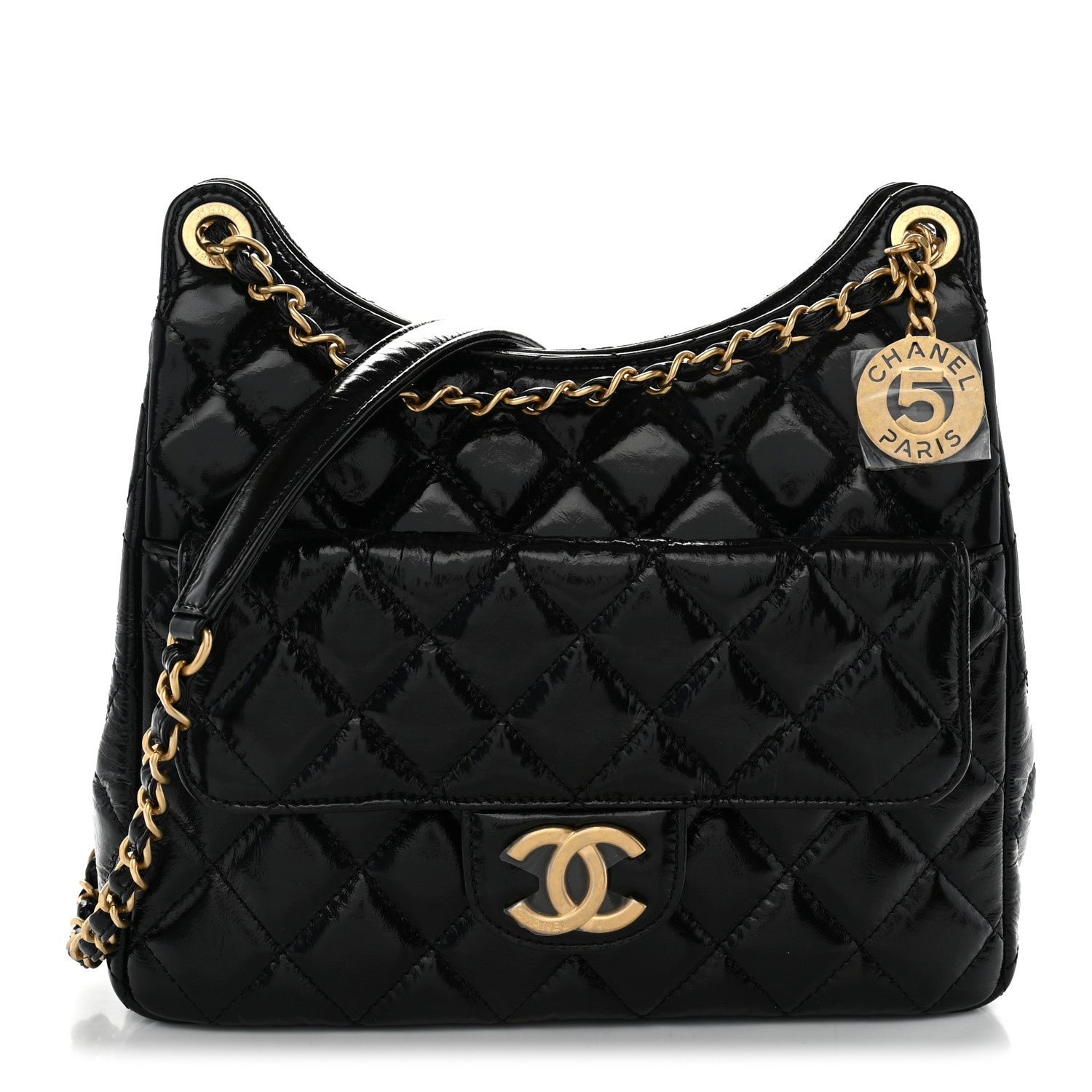 Chanel Shiny Crumpled Calfskin Quilted Wavy CC Hobo Black