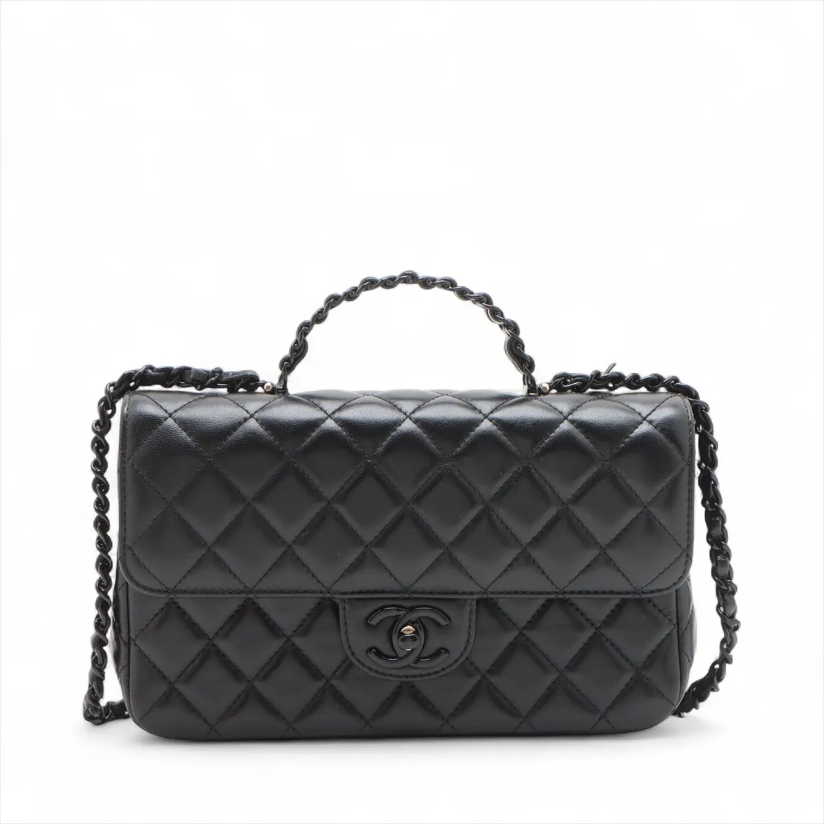 Chanel Matelasse Lambskin 2 Way Handbag Black Black Metal Fittings random plate