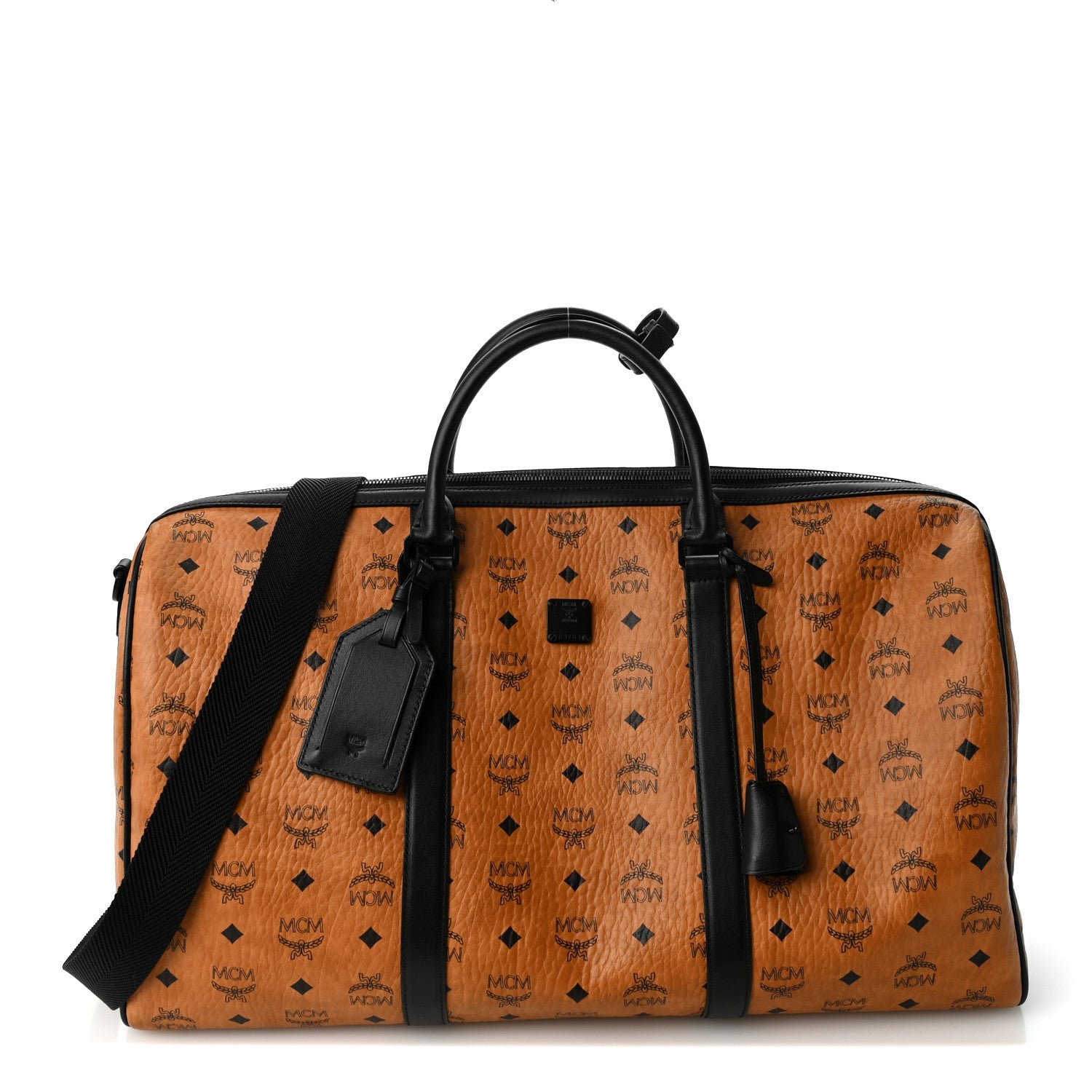 MCM Visetos Ottomar Weekender Duffle Bag Cognac Black