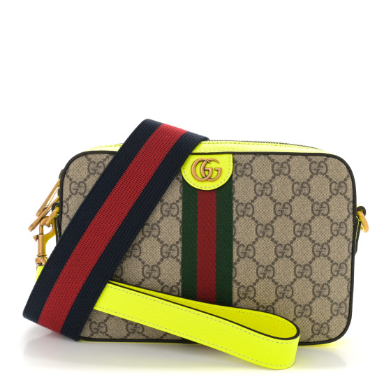 Gucci GG Supreme Monogram Textured Dollar Calfskin Web Ophidia Wristlet Shoulder Bag Beige Ebony Fluo Yellow