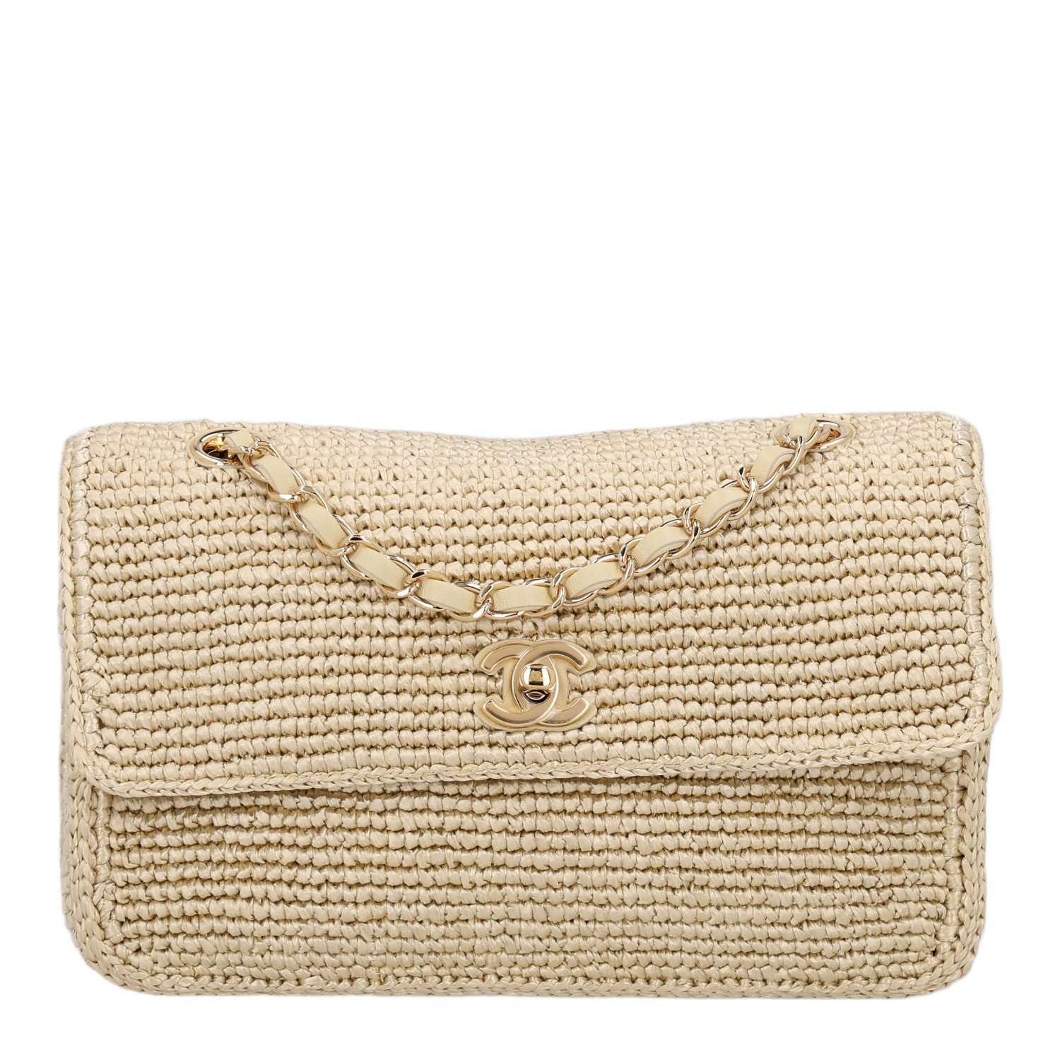 Chanel Braided Raffia Small Coco Beach Flap Beige